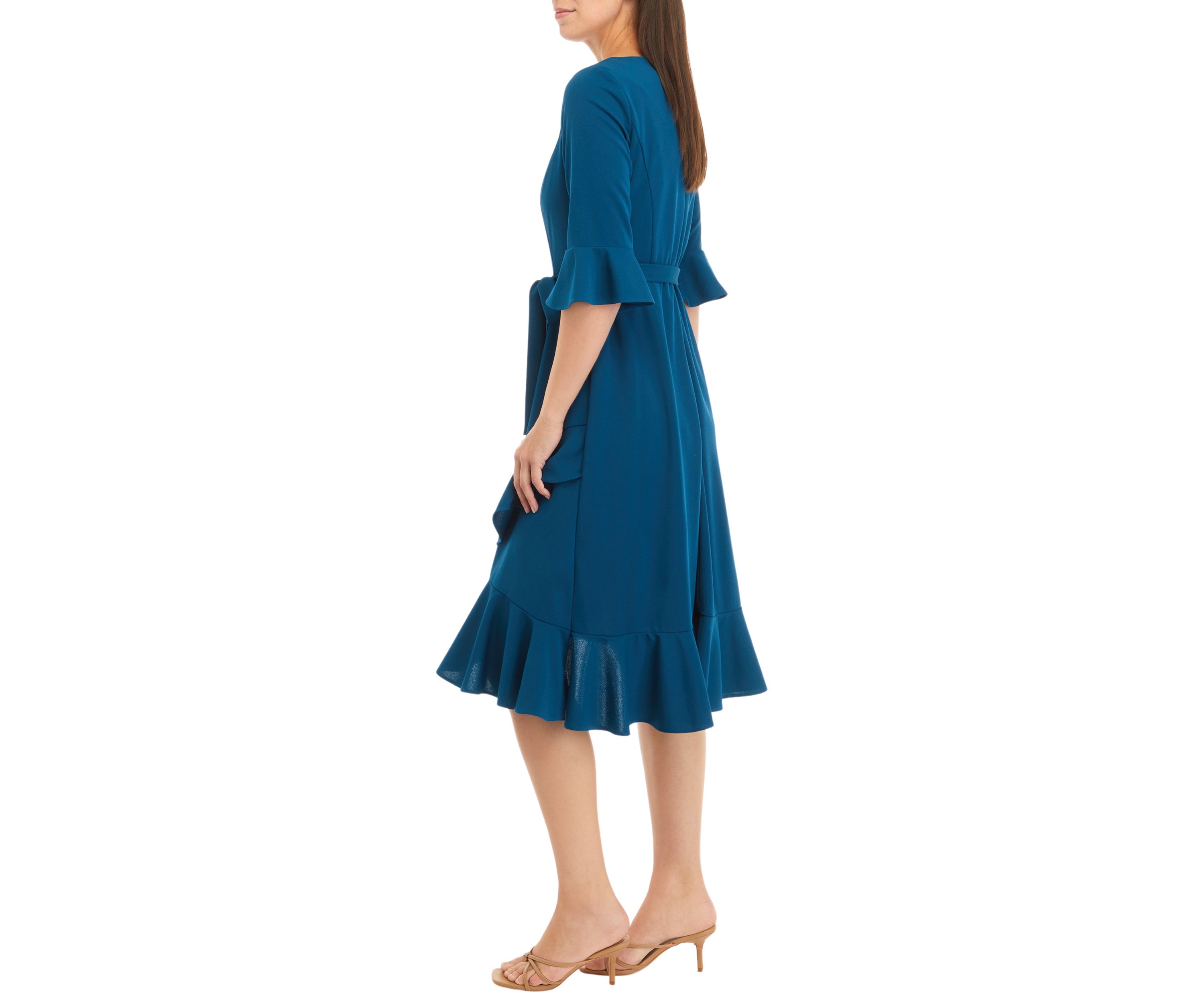 Womens Bell Sleeve Ruffle Crepe Fit and Flare Dress