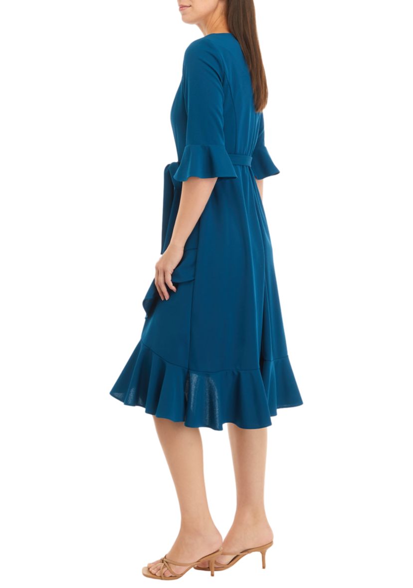 Womens Bell Sleeve Ruffle Crepe Fit and Flare Dress