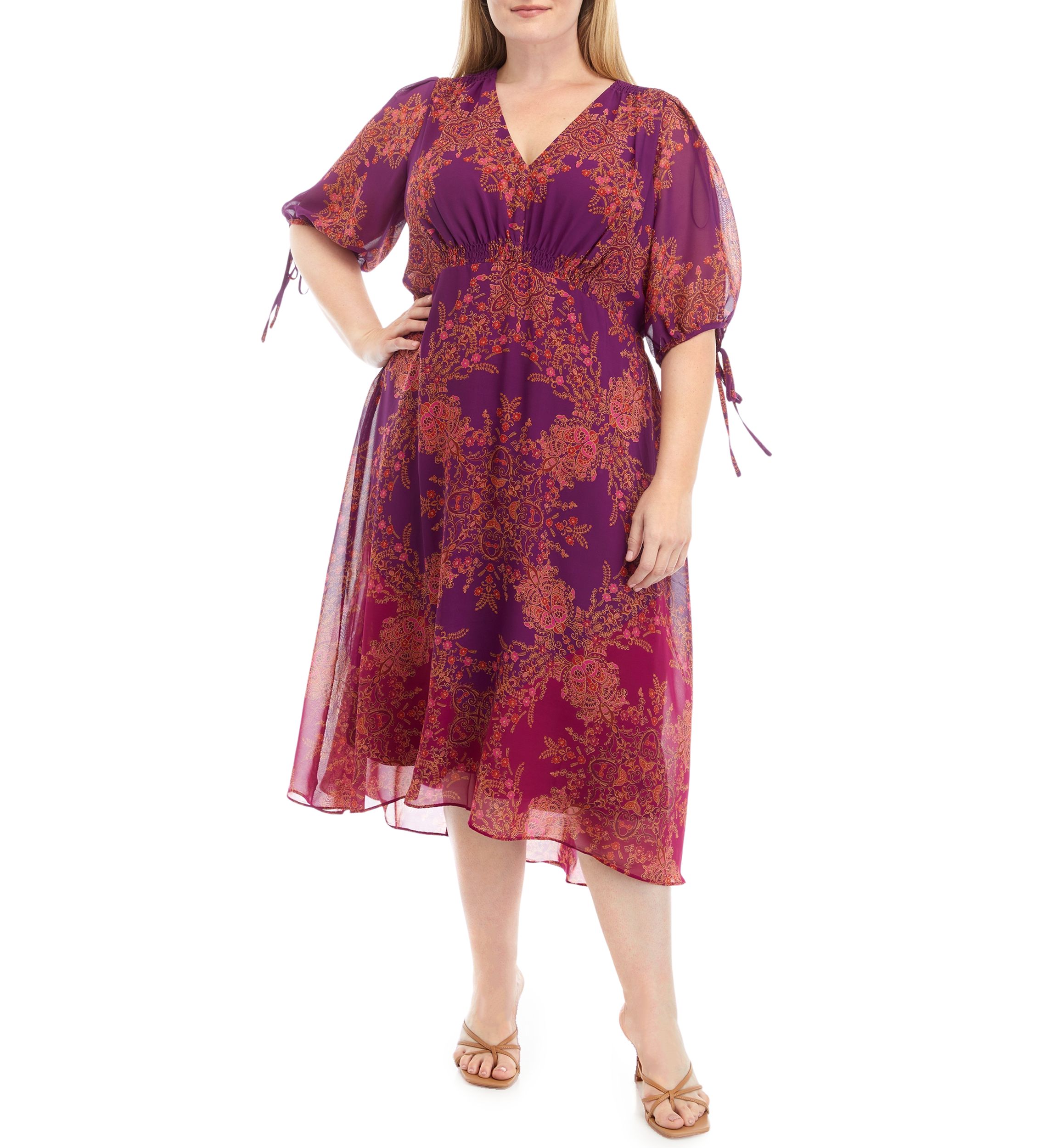 Plus Size 3/4 Sleeve V-Neck Printed Fit and Flare Dress