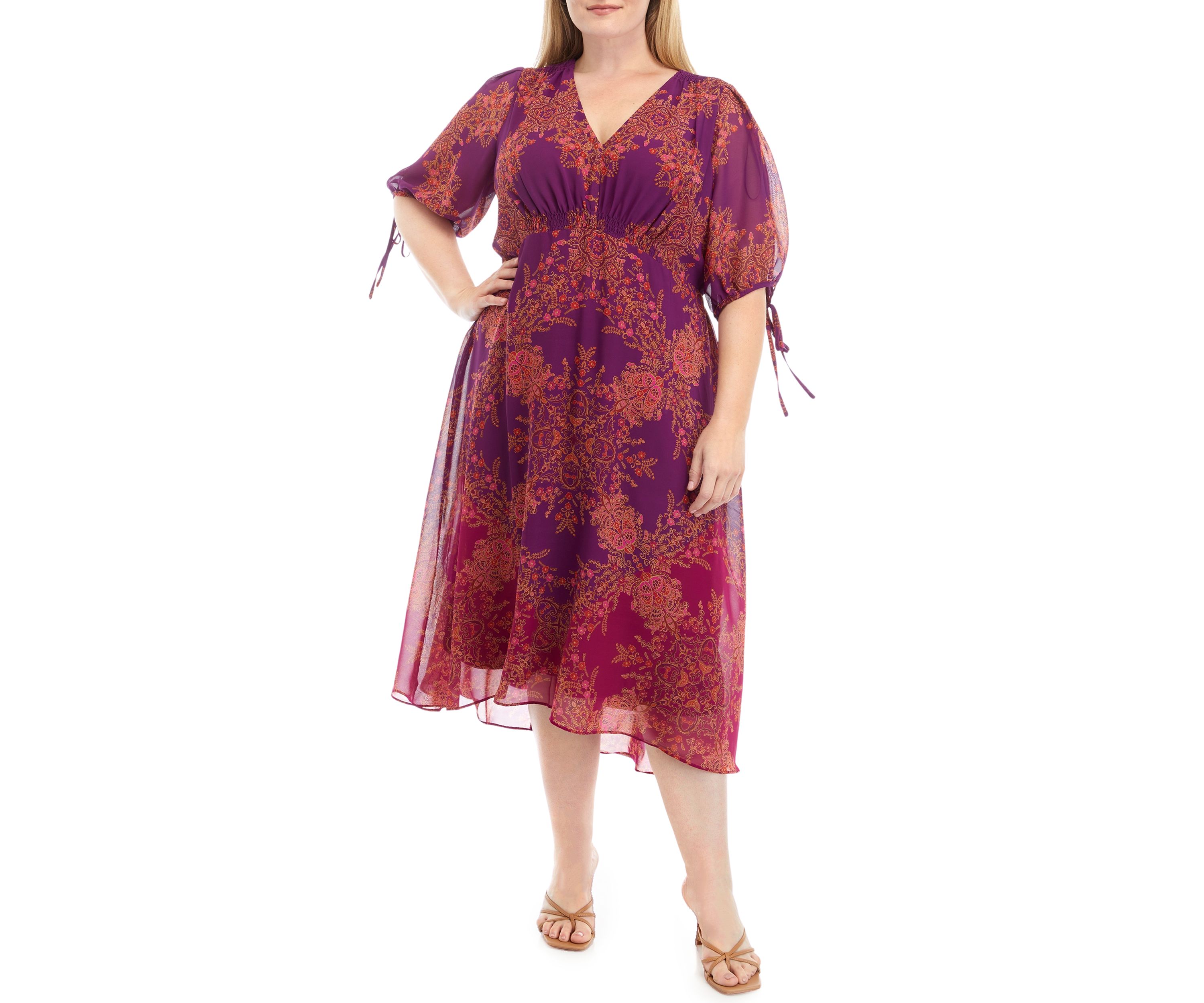 Plus Size 3/4 Sleeve V-Neck Printed Fit and Flare Dress