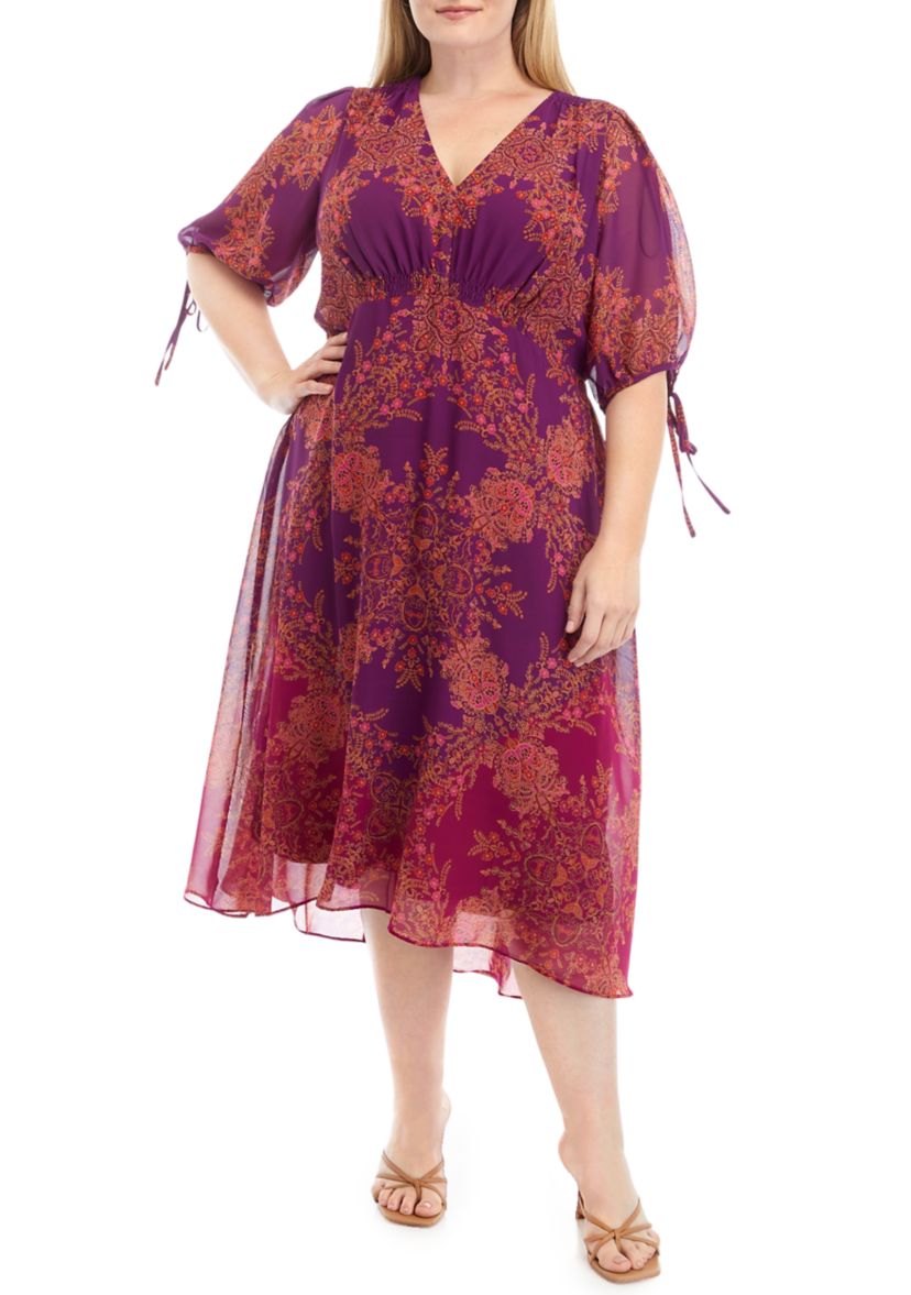 Plus Size 3/4 Sleeve V-Neck Printed Fit and Flare Dress