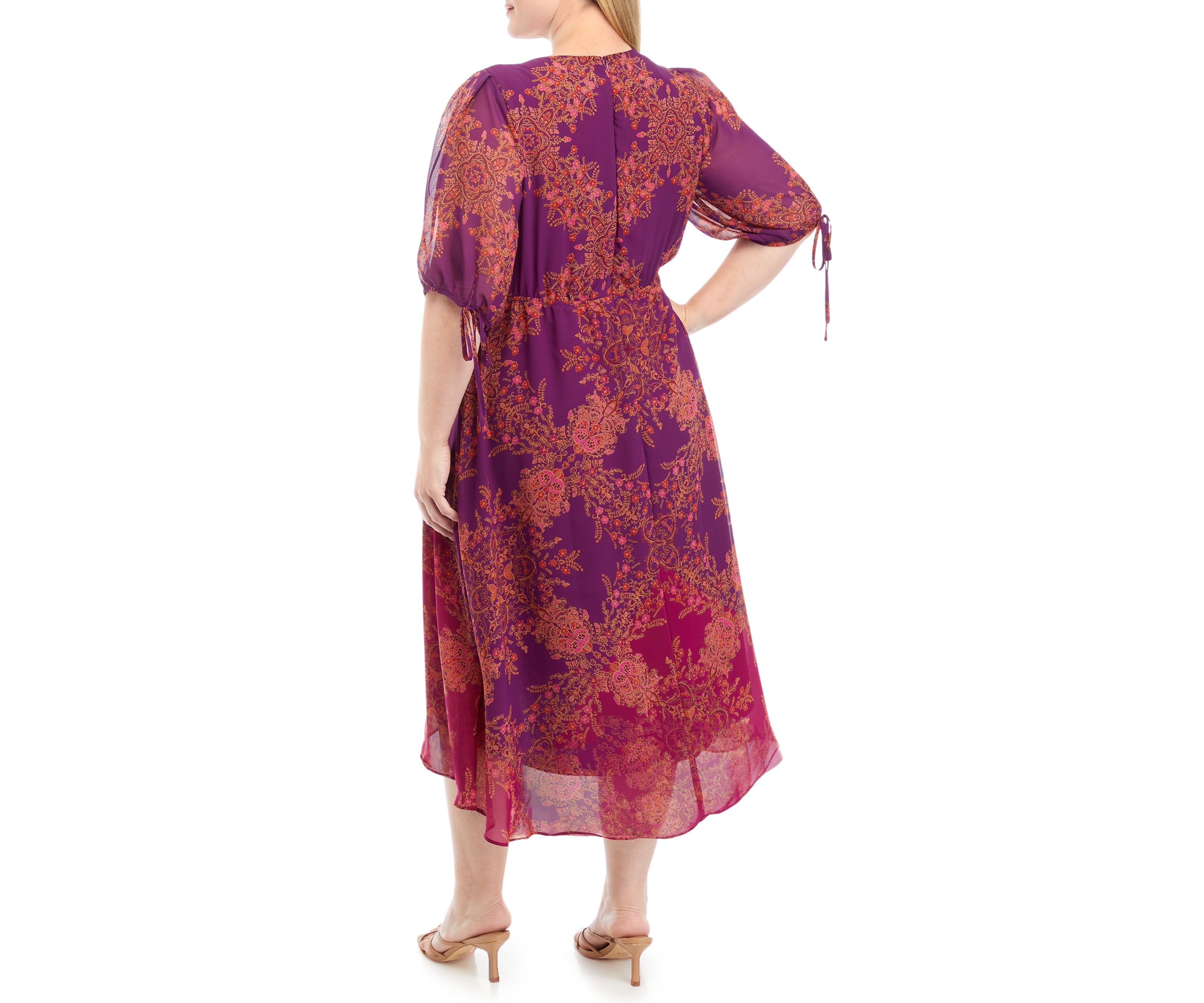 Plus Size 3/4 Sleeve V-Neck Printed Fit and Flare Dress