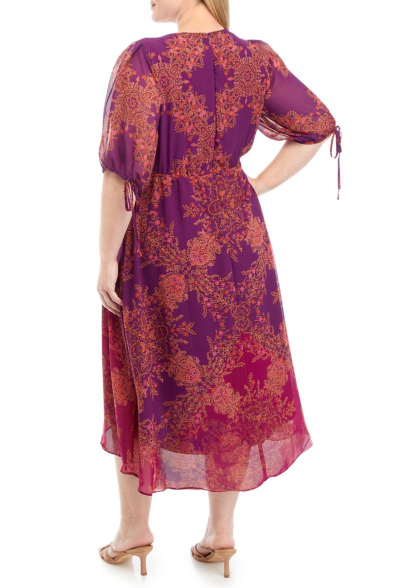 Plus Size 3/4 Sleeve V-Neck Printed Fit and Flare Dress