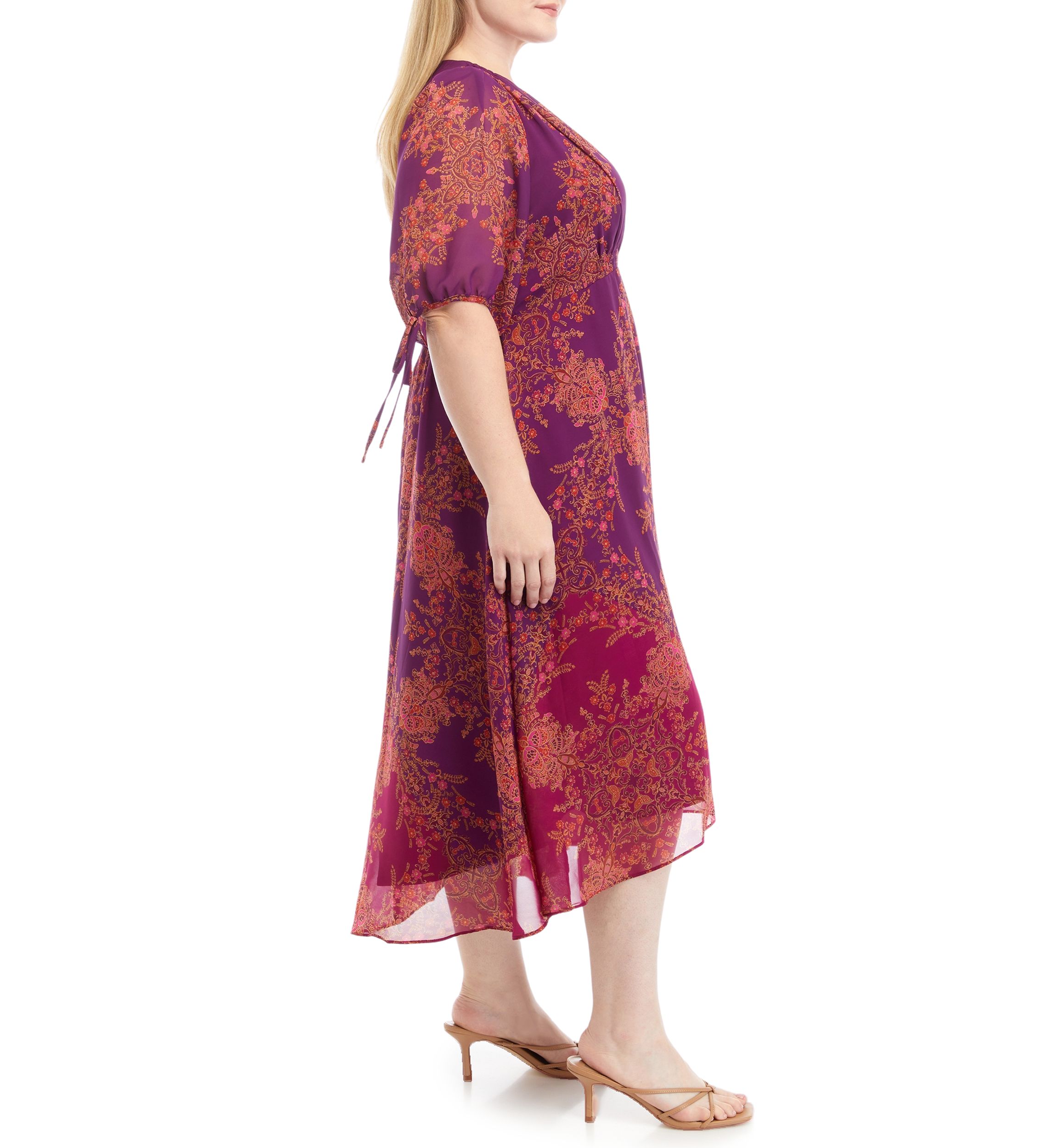 Plus Size 3/4 Sleeve V-Neck Printed Fit and Flare Dress