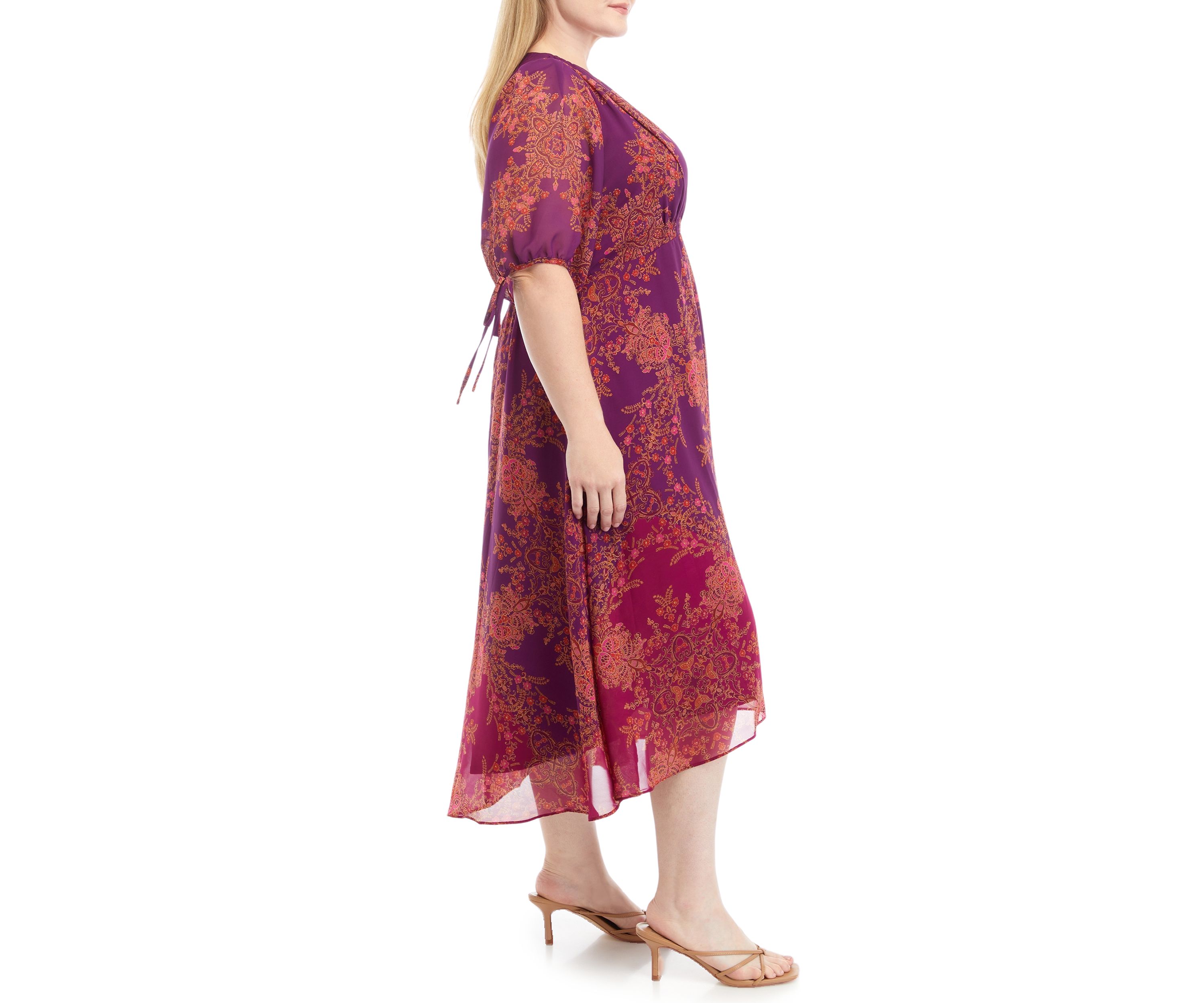 Plus Size 3/4 Sleeve V-Neck Printed Fit and Flare Dress