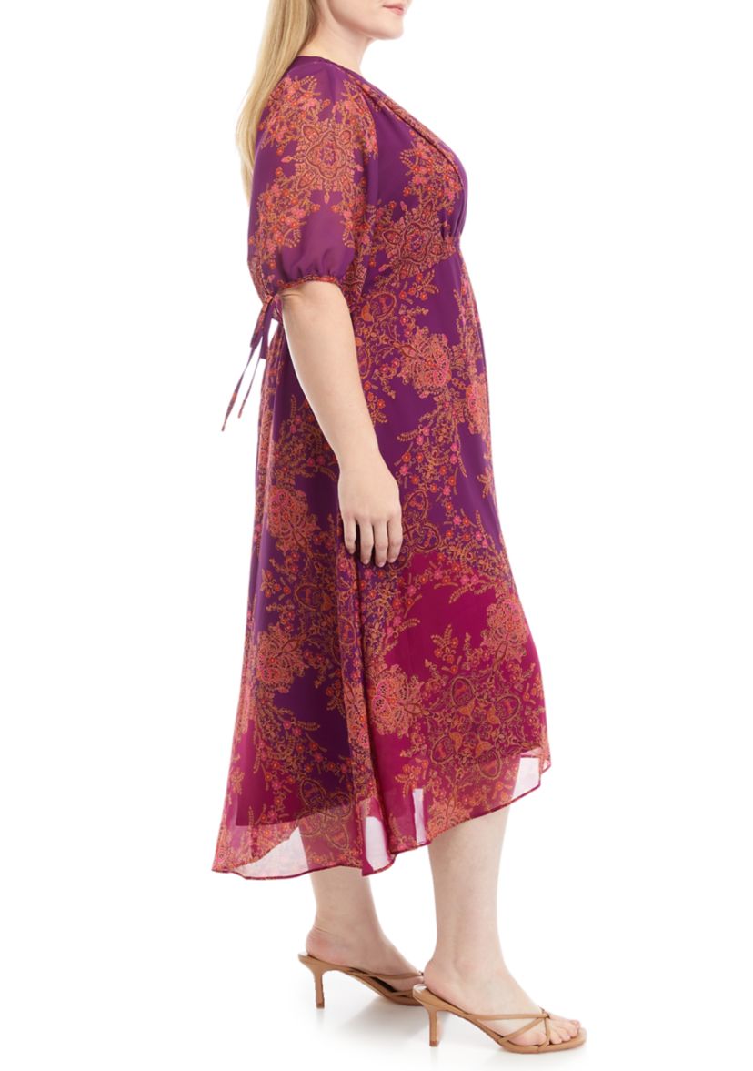 Plus Size 3/4 Sleeve V-Neck Printed Fit and Flare Dress