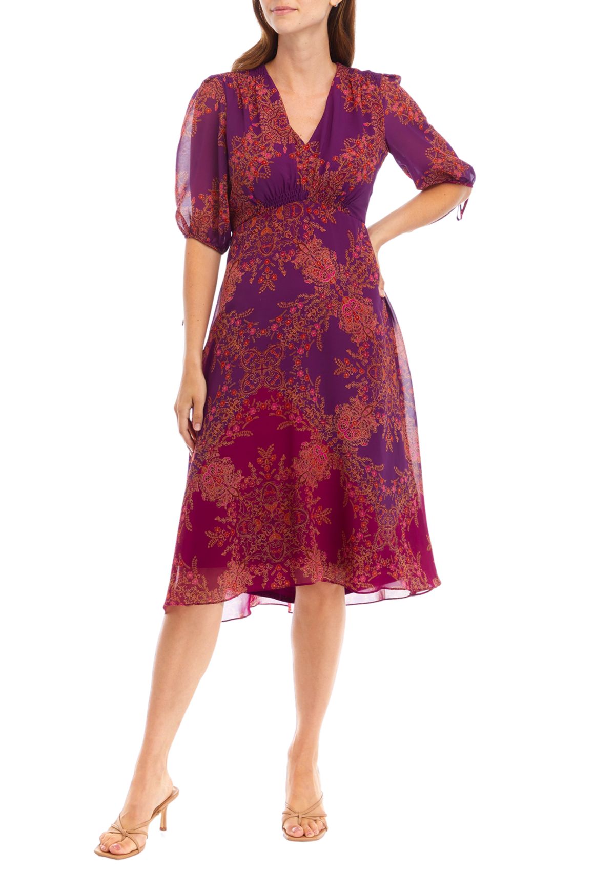 Womens V-Neck Printed Chiffon Fit and Flare Dress