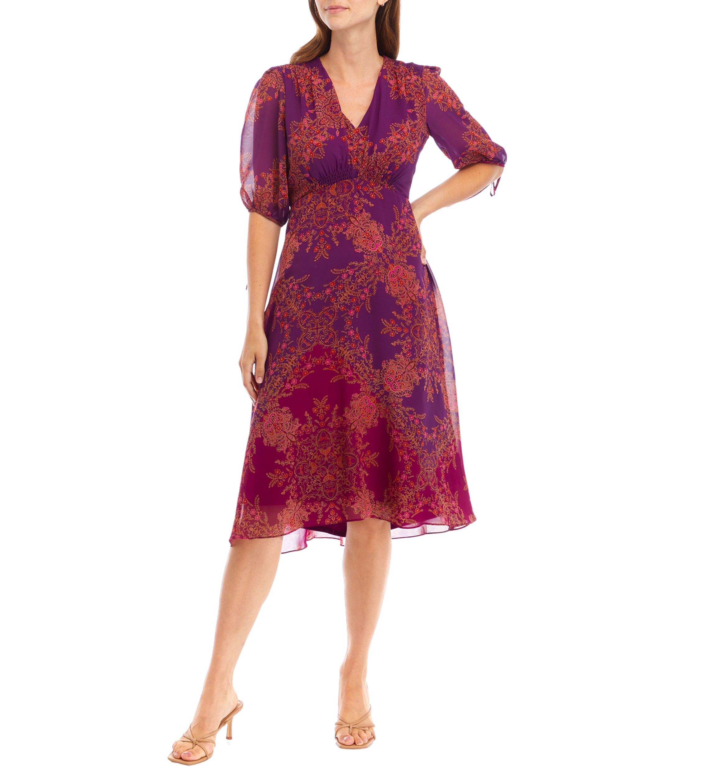 Womens V-Neck Printed Chiffon Fit and Flare Dress