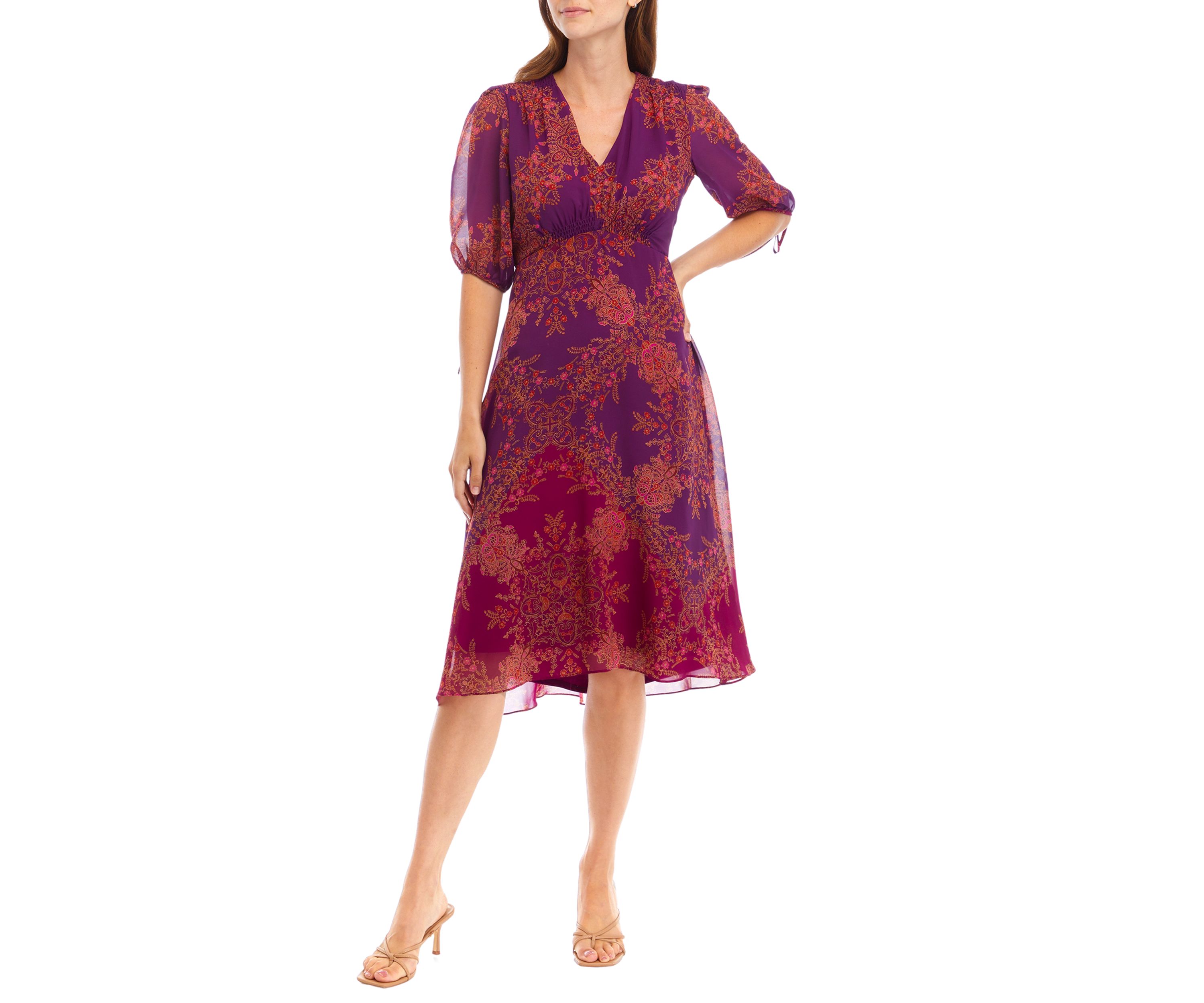 Womens V-Neck Printed Chiffon Fit and Flare Dress
