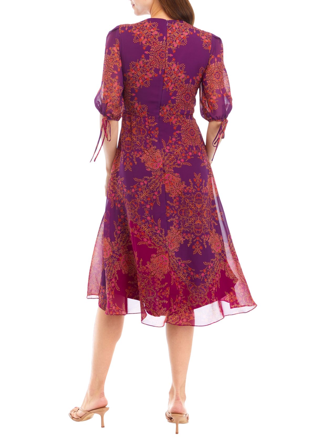 Womens V-Neck Printed Chiffon Fit and Flare Dress