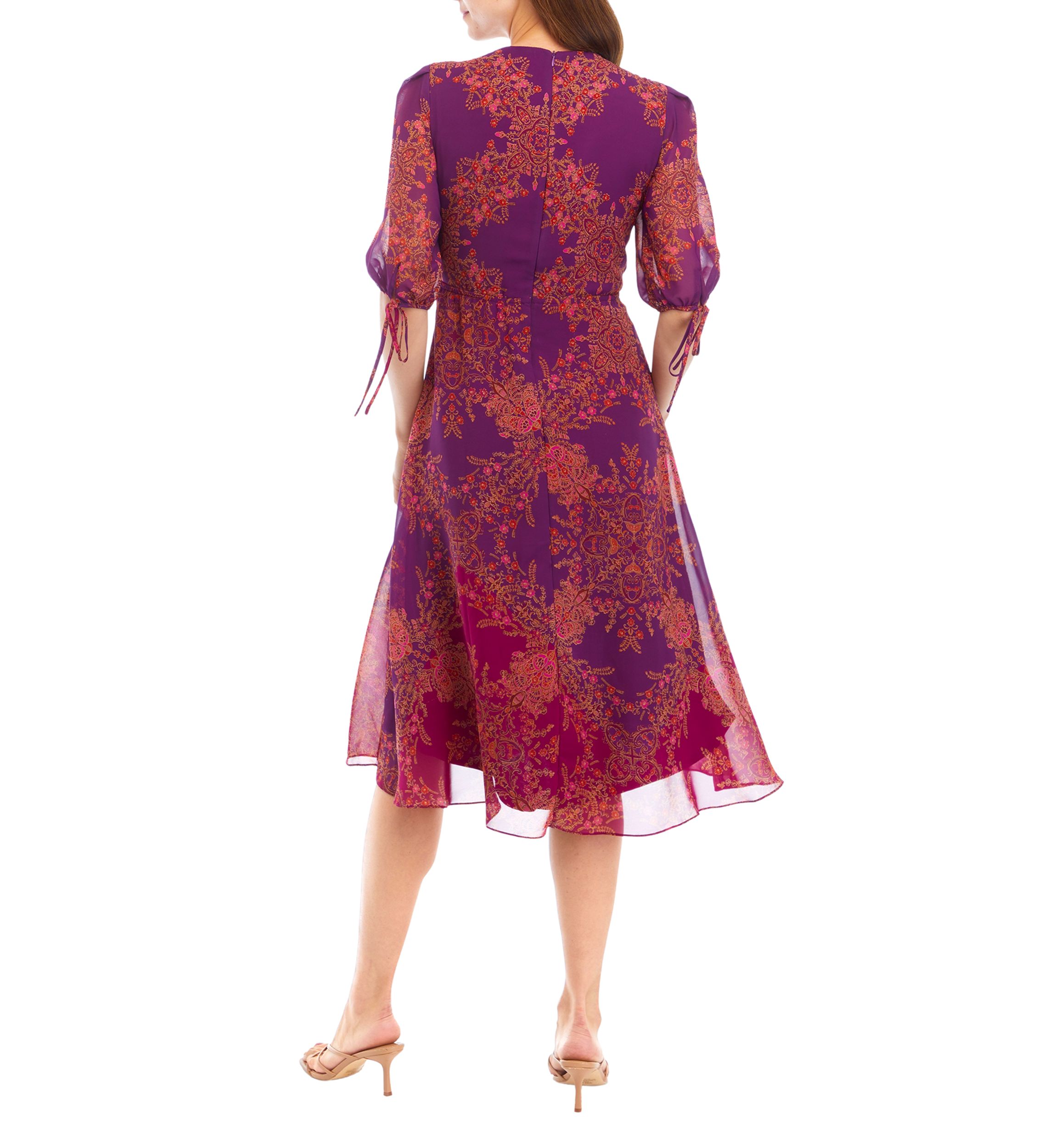 Womens V-Neck Printed Chiffon Fit and Flare Dress