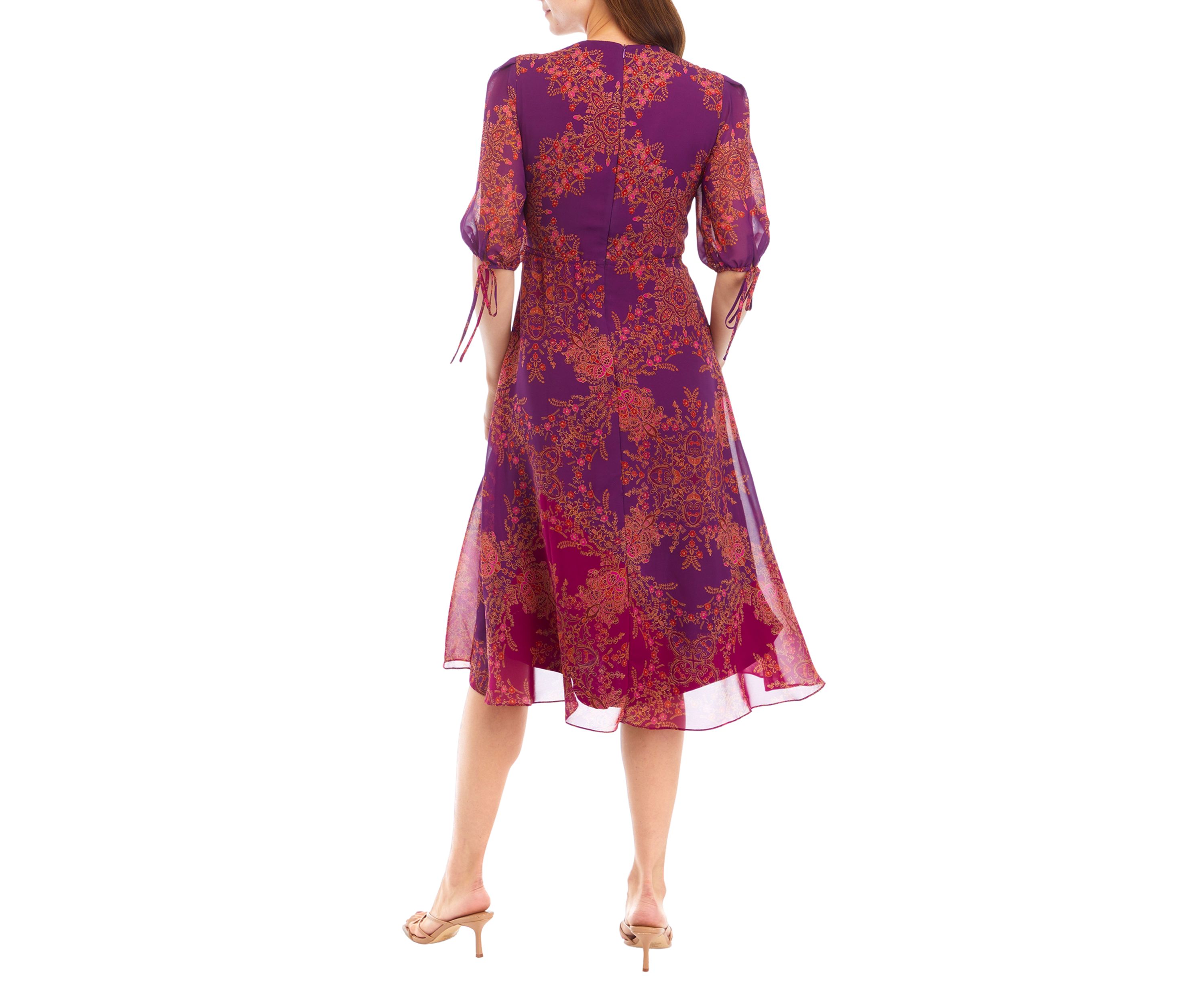 Womens V-Neck Printed Chiffon Fit and Flare Dress