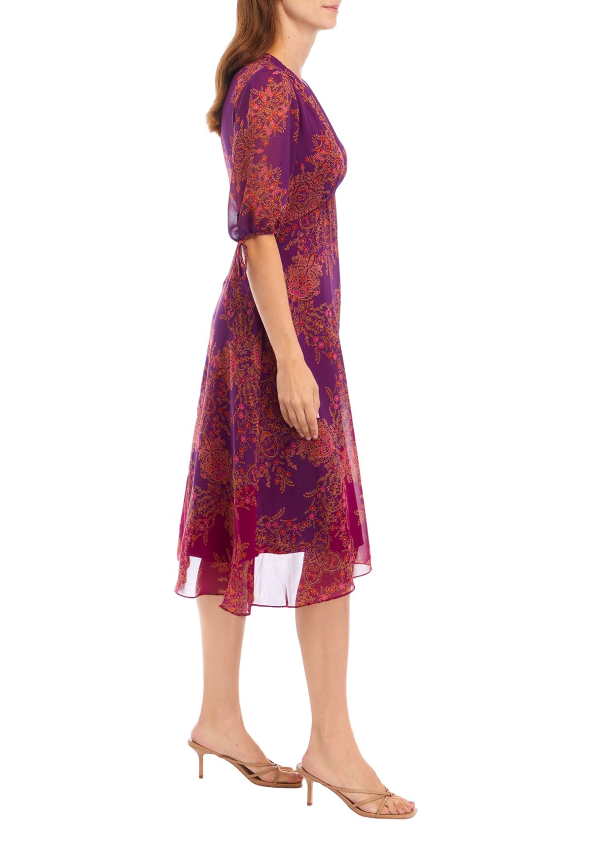 Womens V-Neck Printed Chiffon Fit and Flare Dress