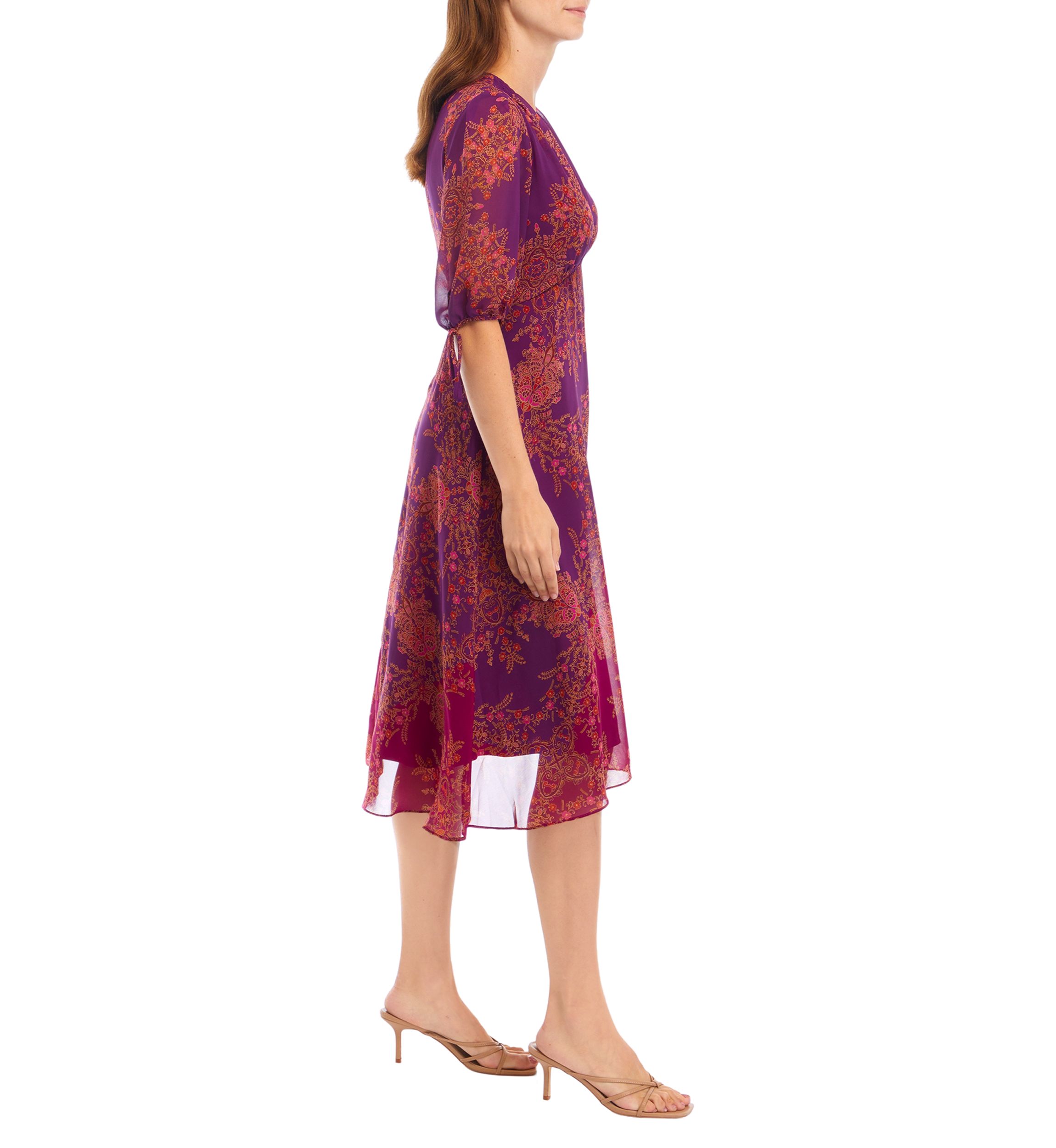 Womens V-Neck Printed Chiffon Fit and Flare Dress