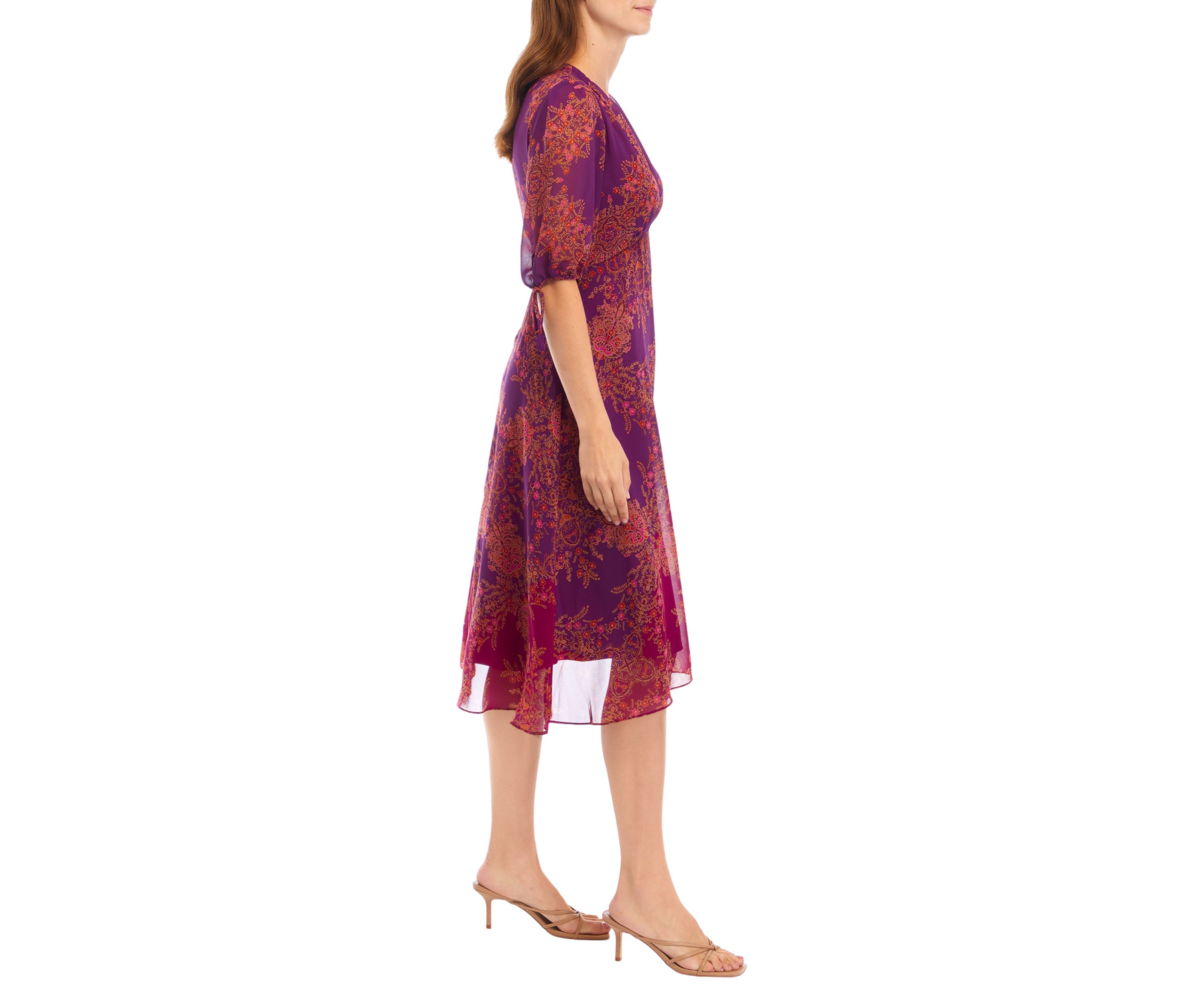 Womens V-Neck Printed Chiffon Fit and Flare Dress