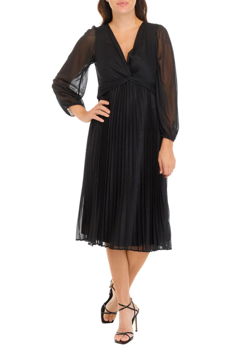 Womens Long Sleeve V-Neck Chiffon Fit and Flare Dress