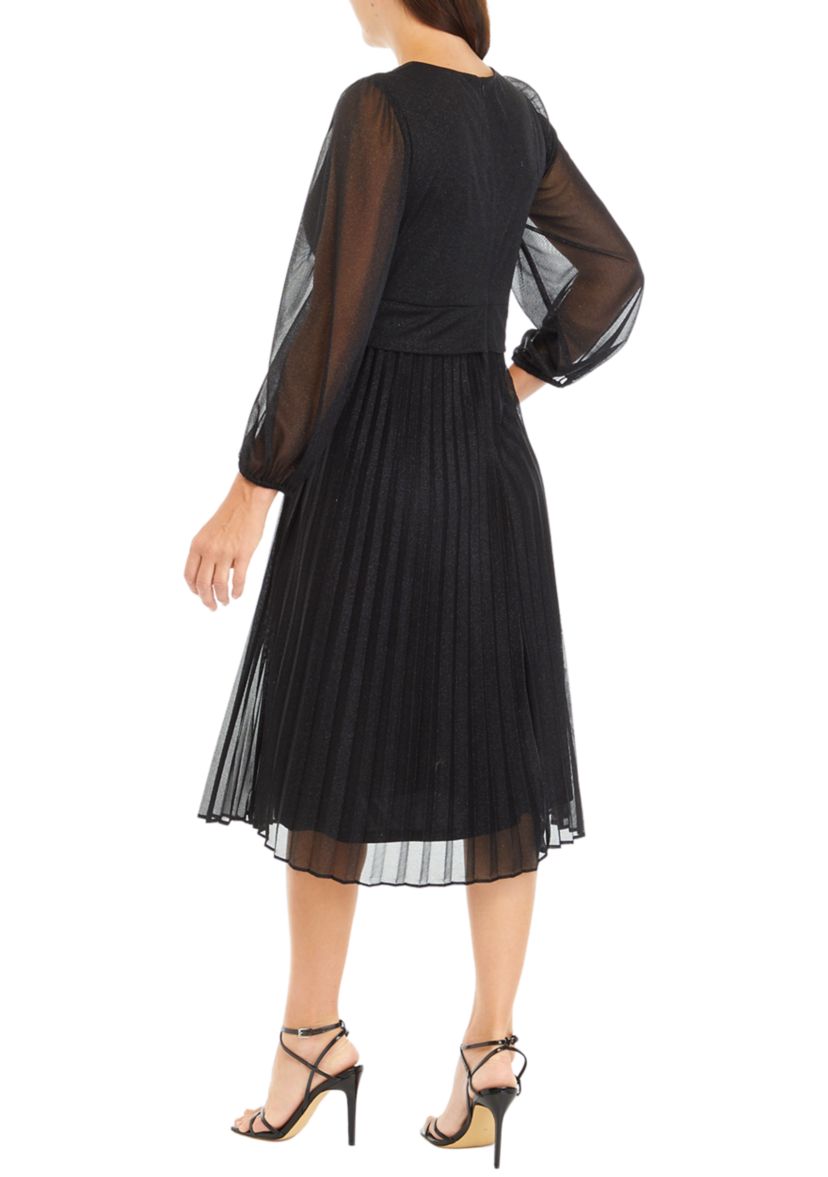 Womens Long Sleeve V-Neck Chiffon Fit and Flare Dress