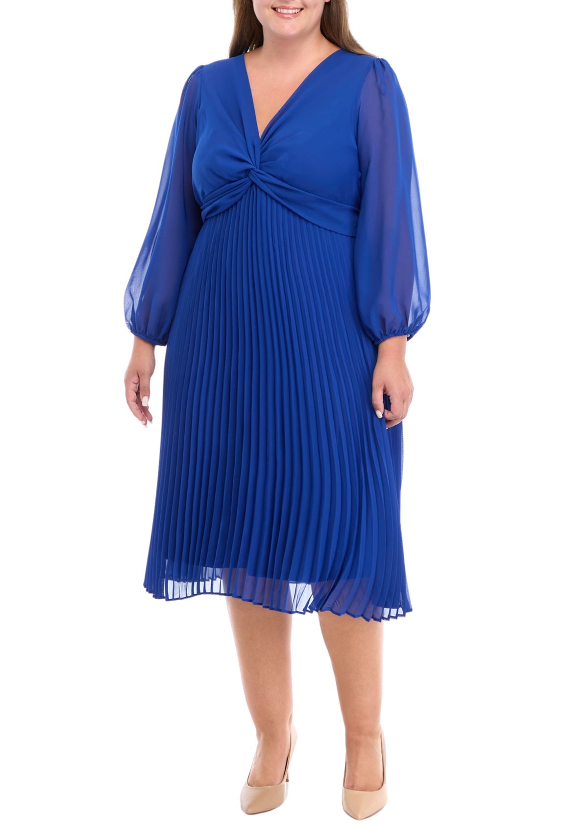 Plus Size Long Sleeve V-Neck Solid Fit and Flare Dress