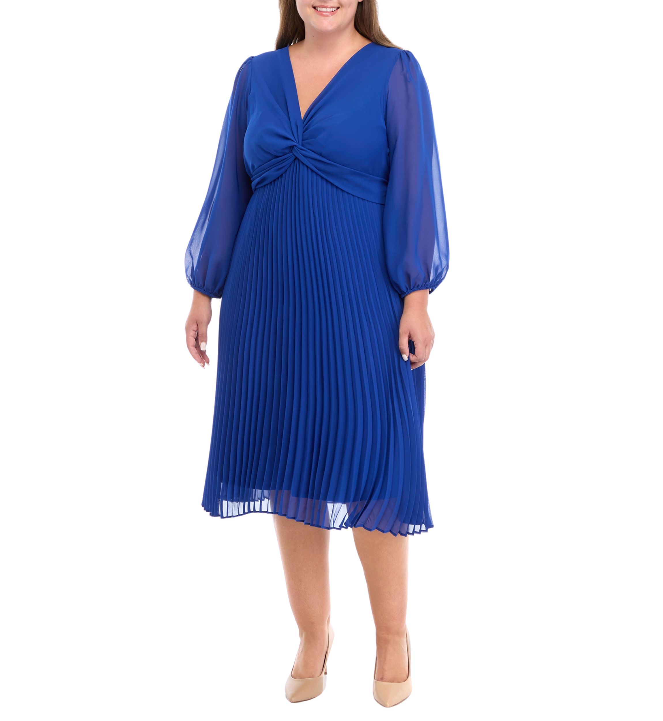 Plus Size Long Sleeve V-Neck Solid Fit and Flare Dress