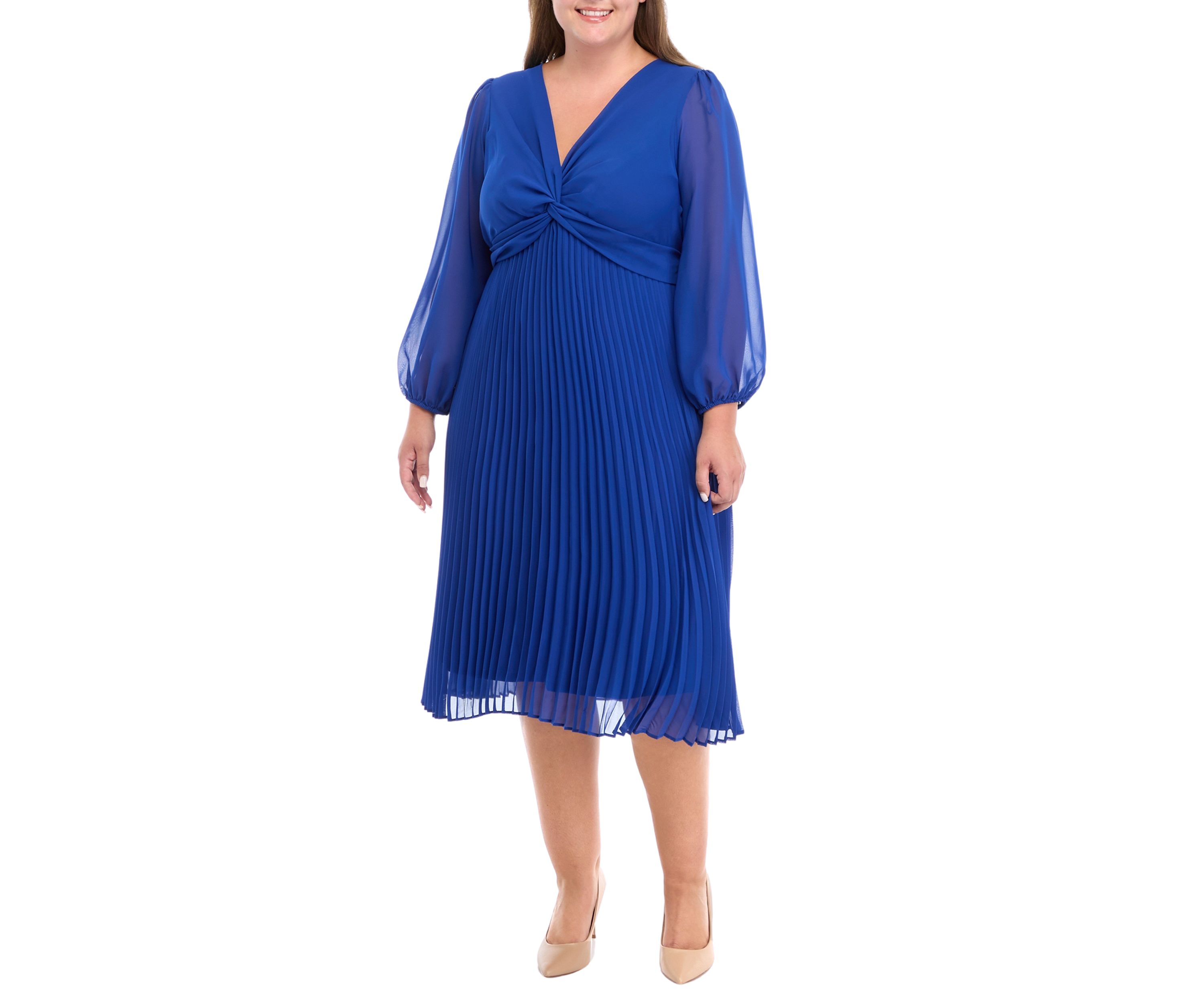 Plus Size Long Sleeve V-Neck Solid Fit and Flare Dress