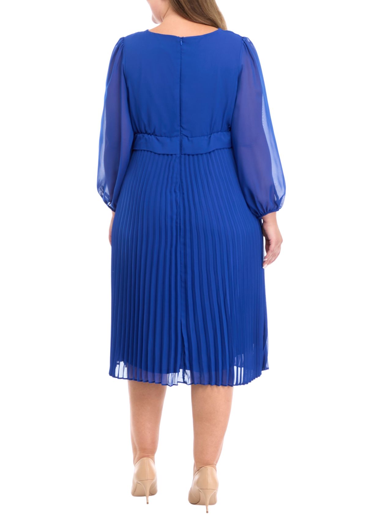 Plus Size Long Sleeve V-Neck Solid Fit and Flare Dress