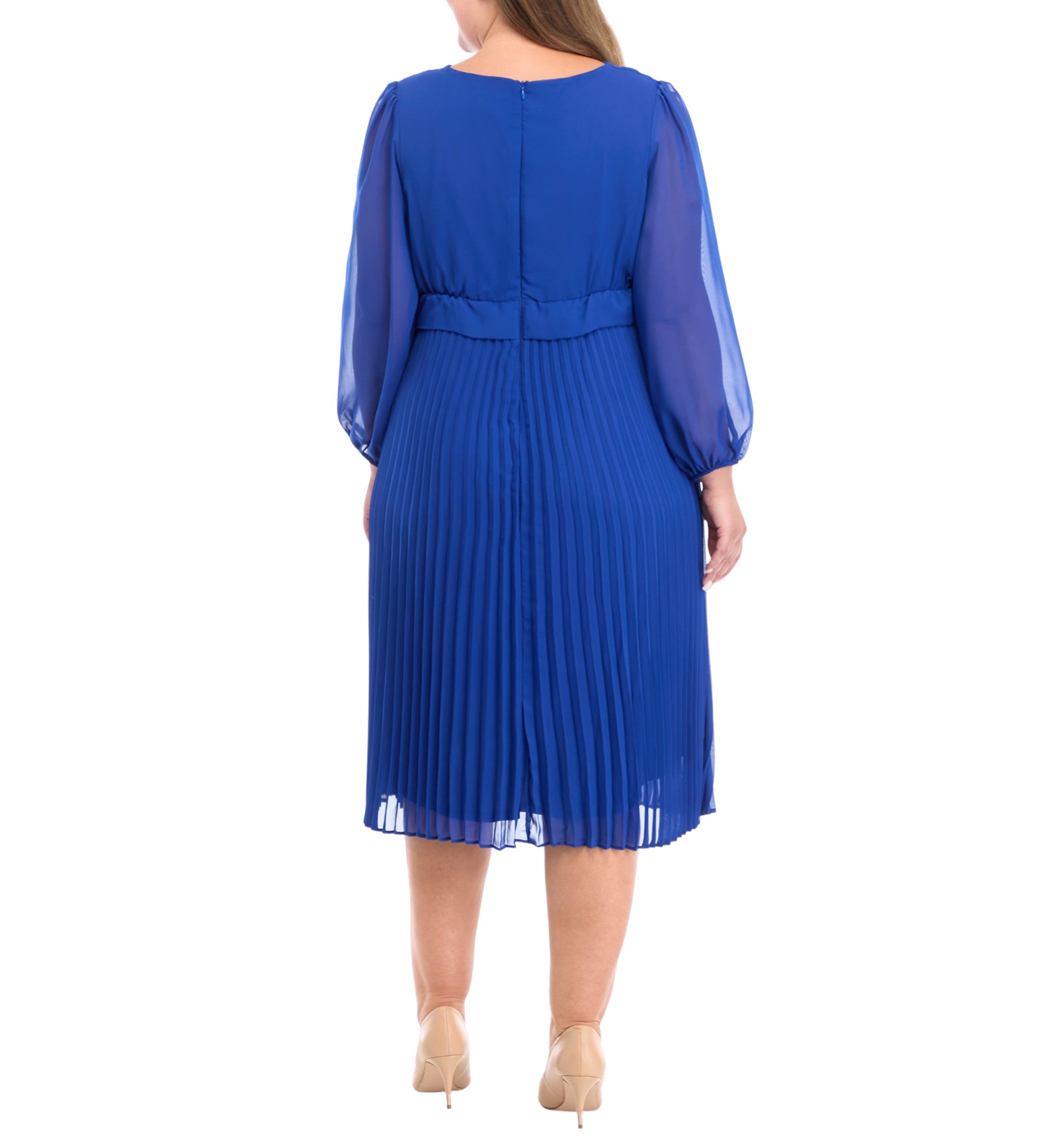 Plus Size Long Sleeve V-Neck Solid Fit and Flare Dress