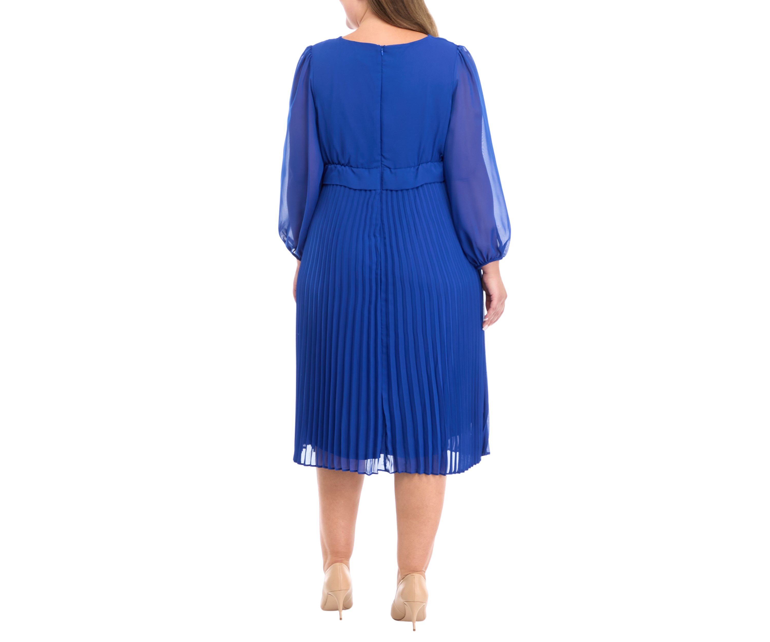 Plus Size Long Sleeve V-Neck Solid Fit and Flare Dress