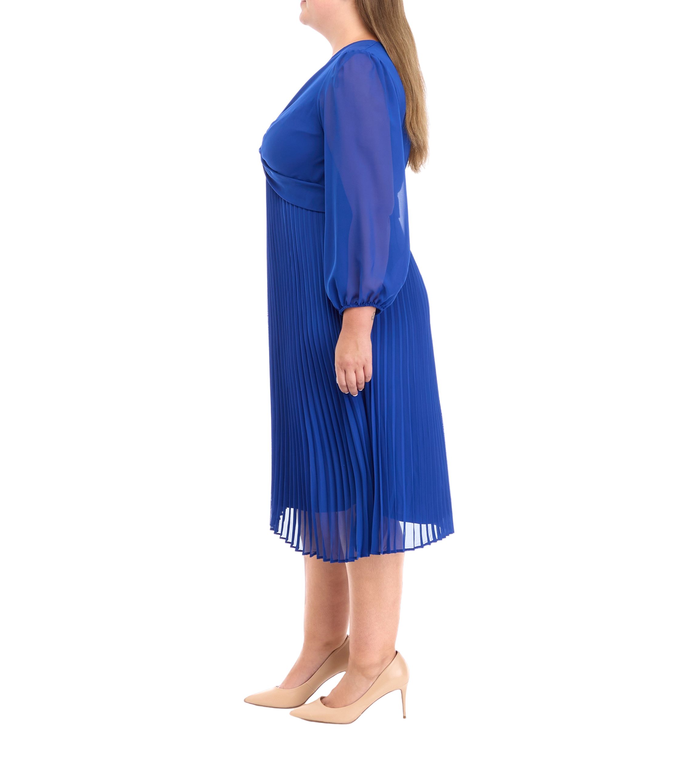Plus Size Long Sleeve V-Neck Solid Fit and Flare Dress