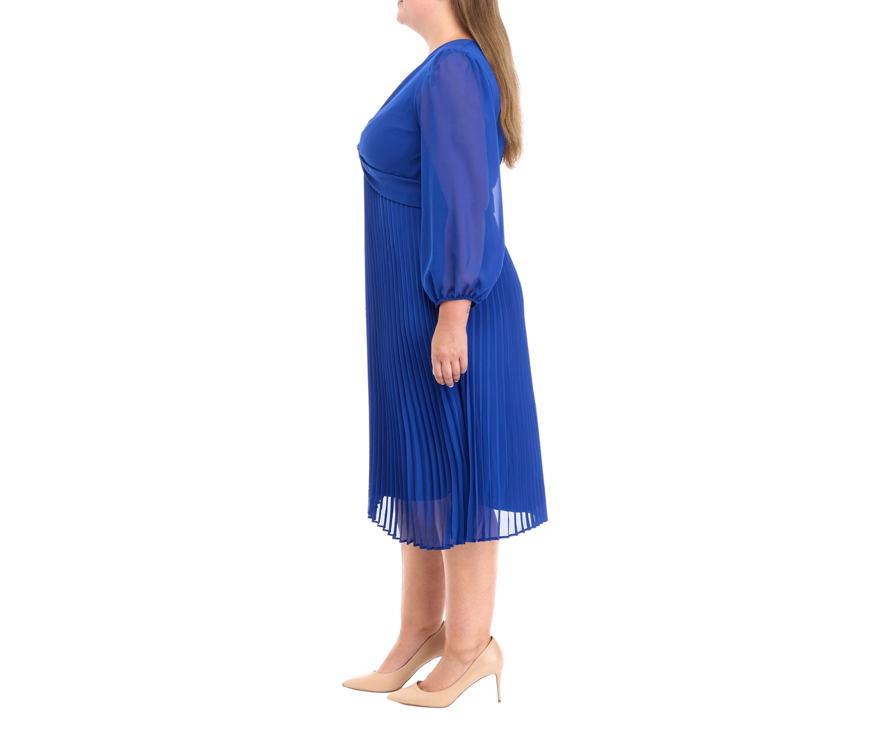 Plus Size Long Sleeve V-Neck Solid Fit and Flare Dress