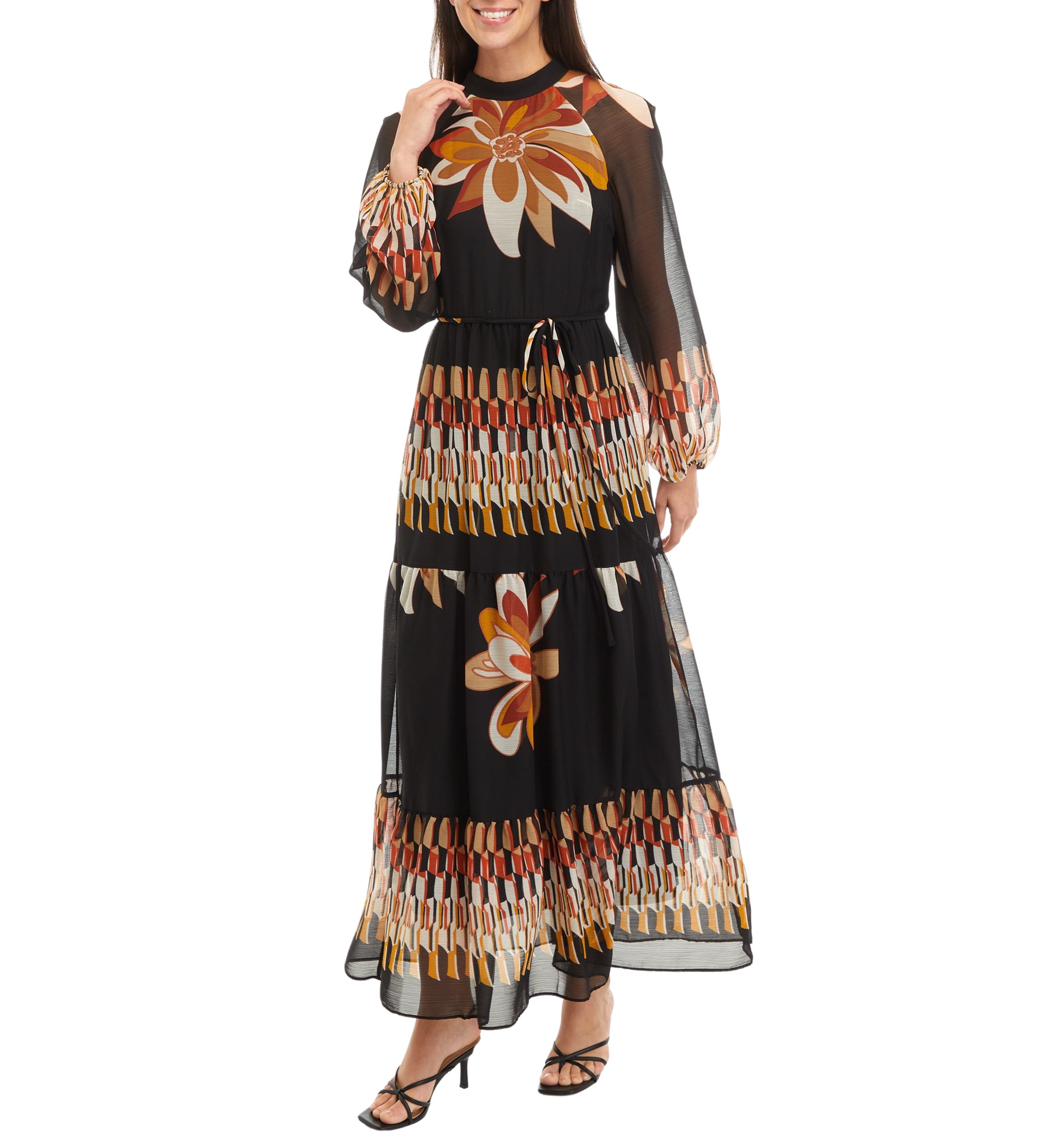 Womens Blouson Sleeve Floral Print Chiffon Maxi Dress