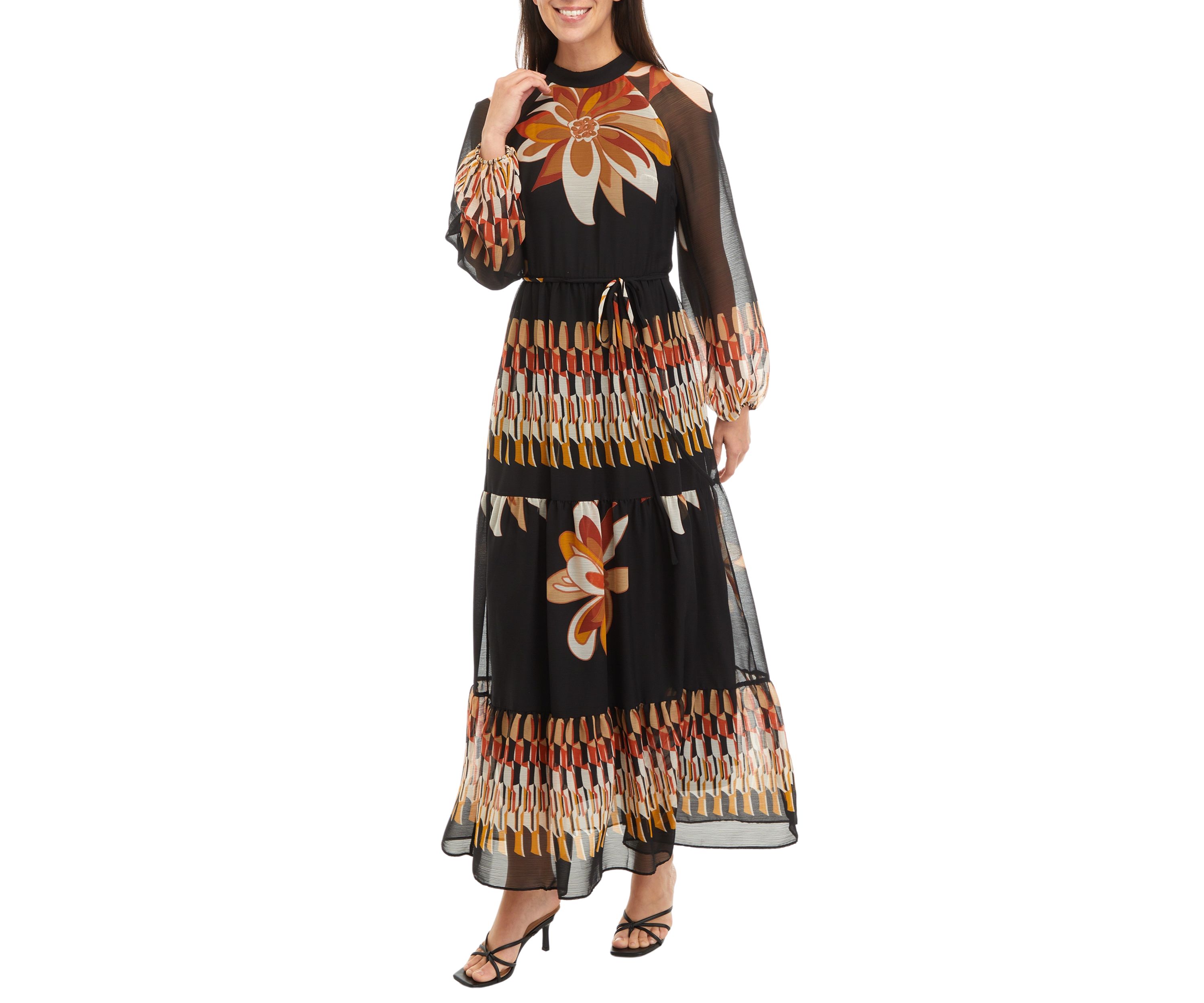 Womens Blouson Sleeve Floral Print Chiffon Maxi Dress