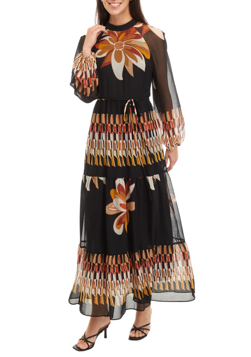 Womens Blouson Sleeve Floral Print Chiffon Maxi Dress