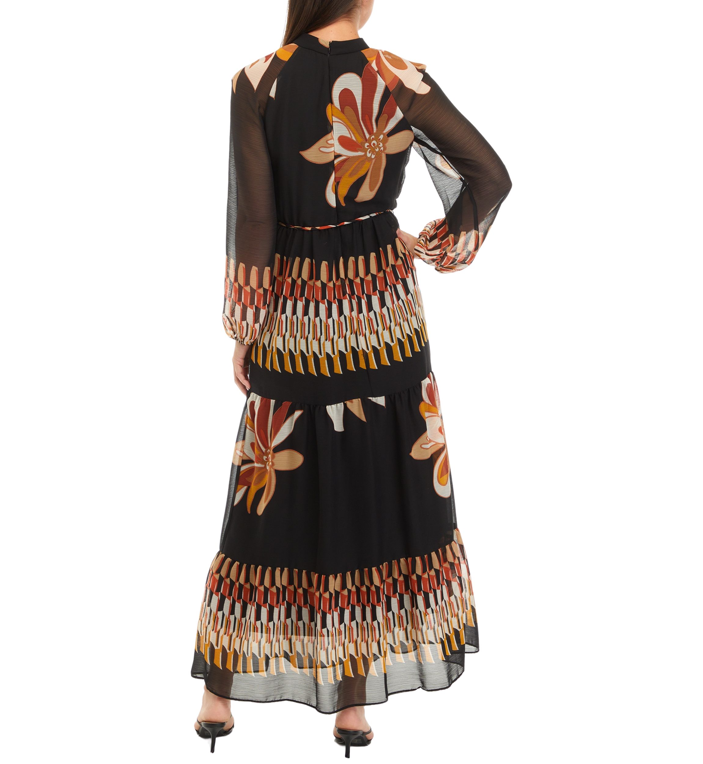 Womens Blouson Sleeve Floral Print Chiffon Maxi Dress
