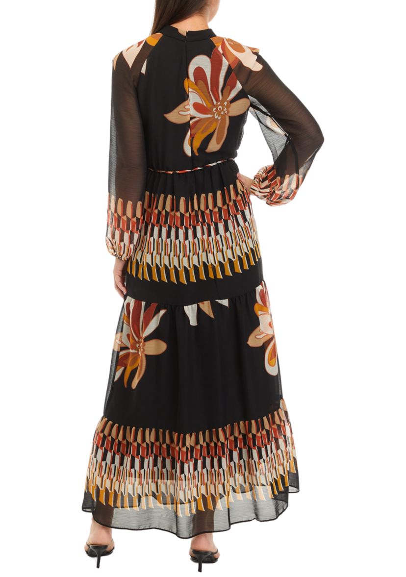 Womens Blouson Sleeve Floral Print Chiffon Maxi Dress