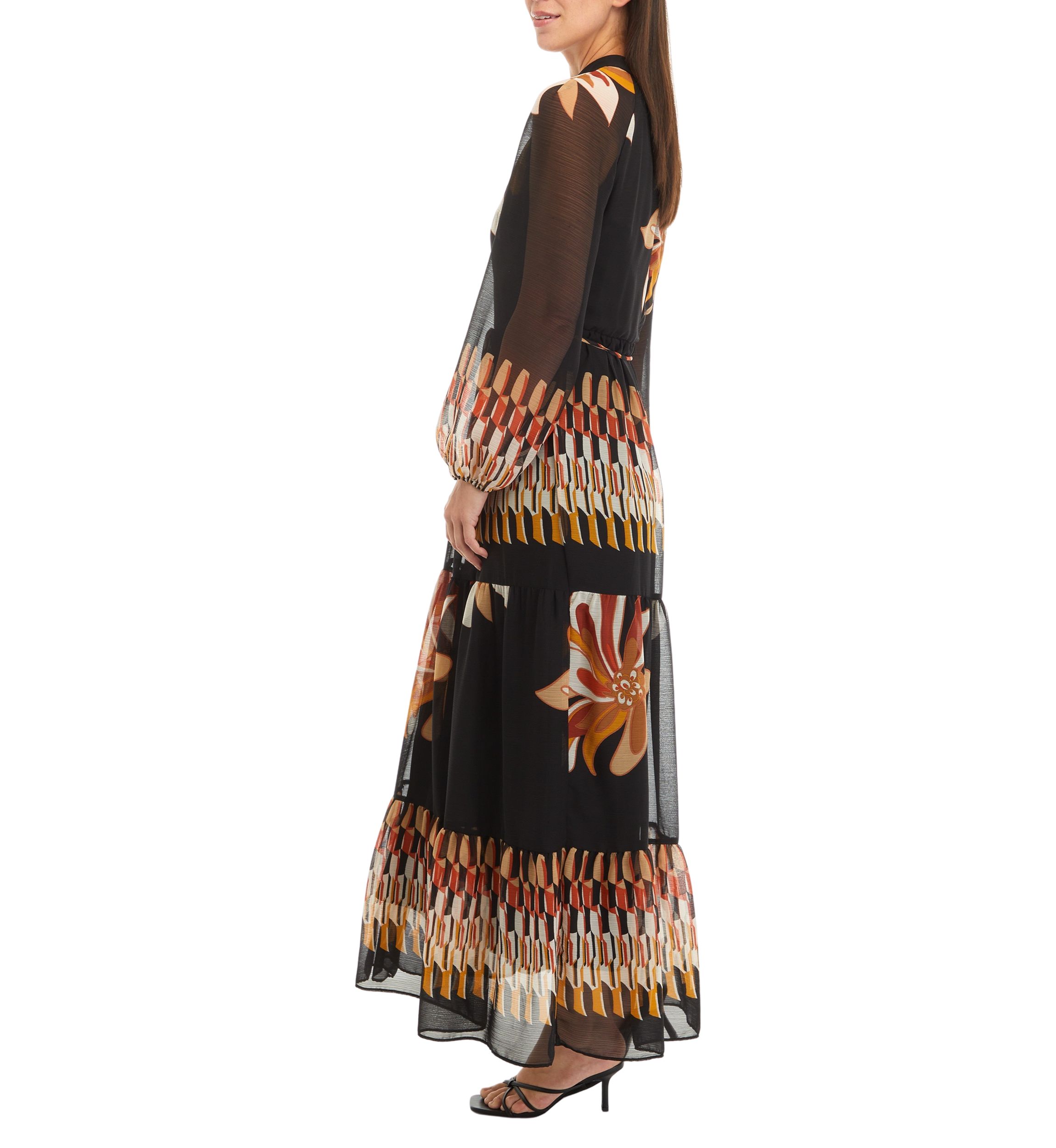 Womens Blouson Sleeve Floral Print Chiffon Maxi Dress