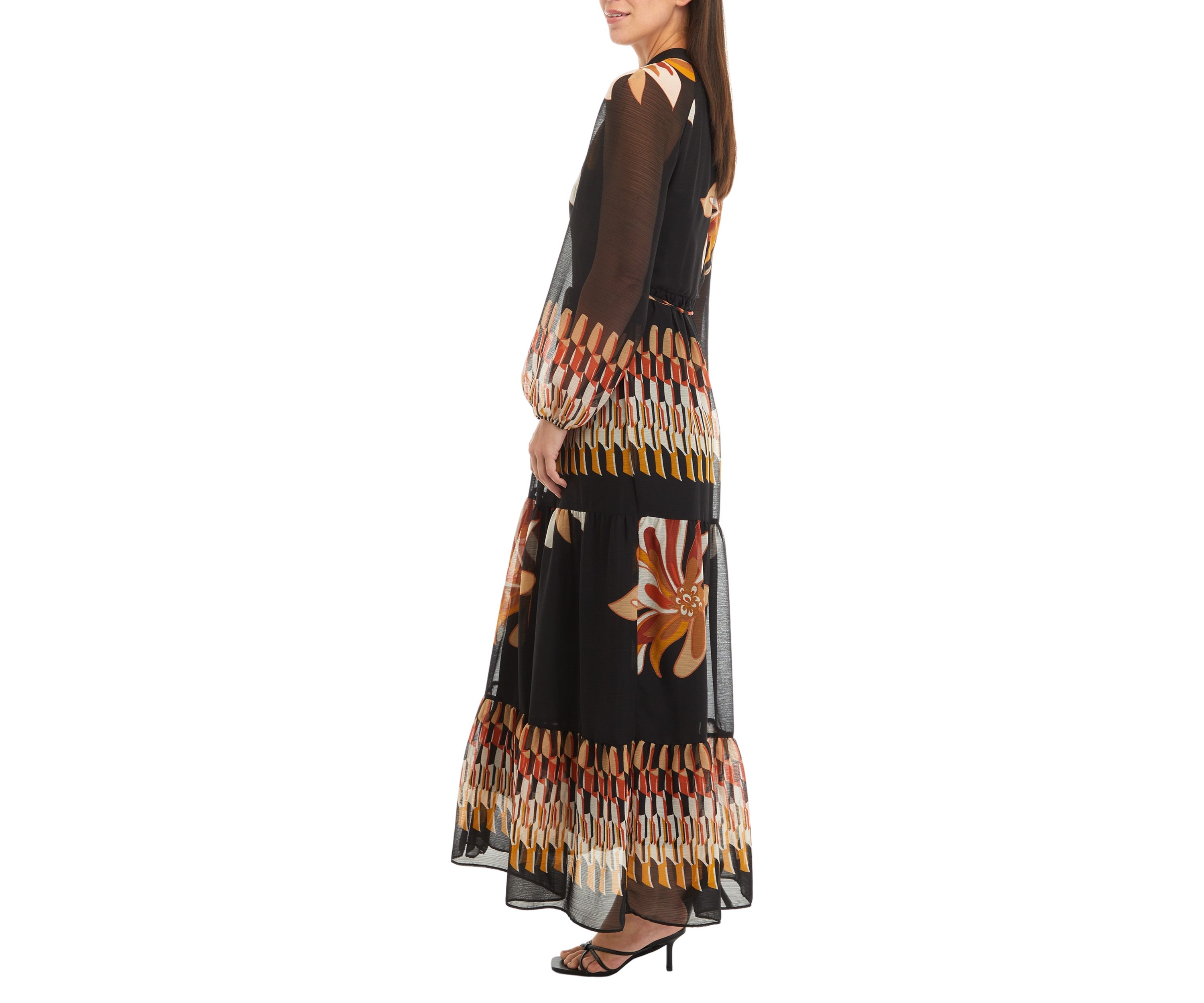 Womens Blouson Sleeve Floral Print Chiffon Maxi Dress