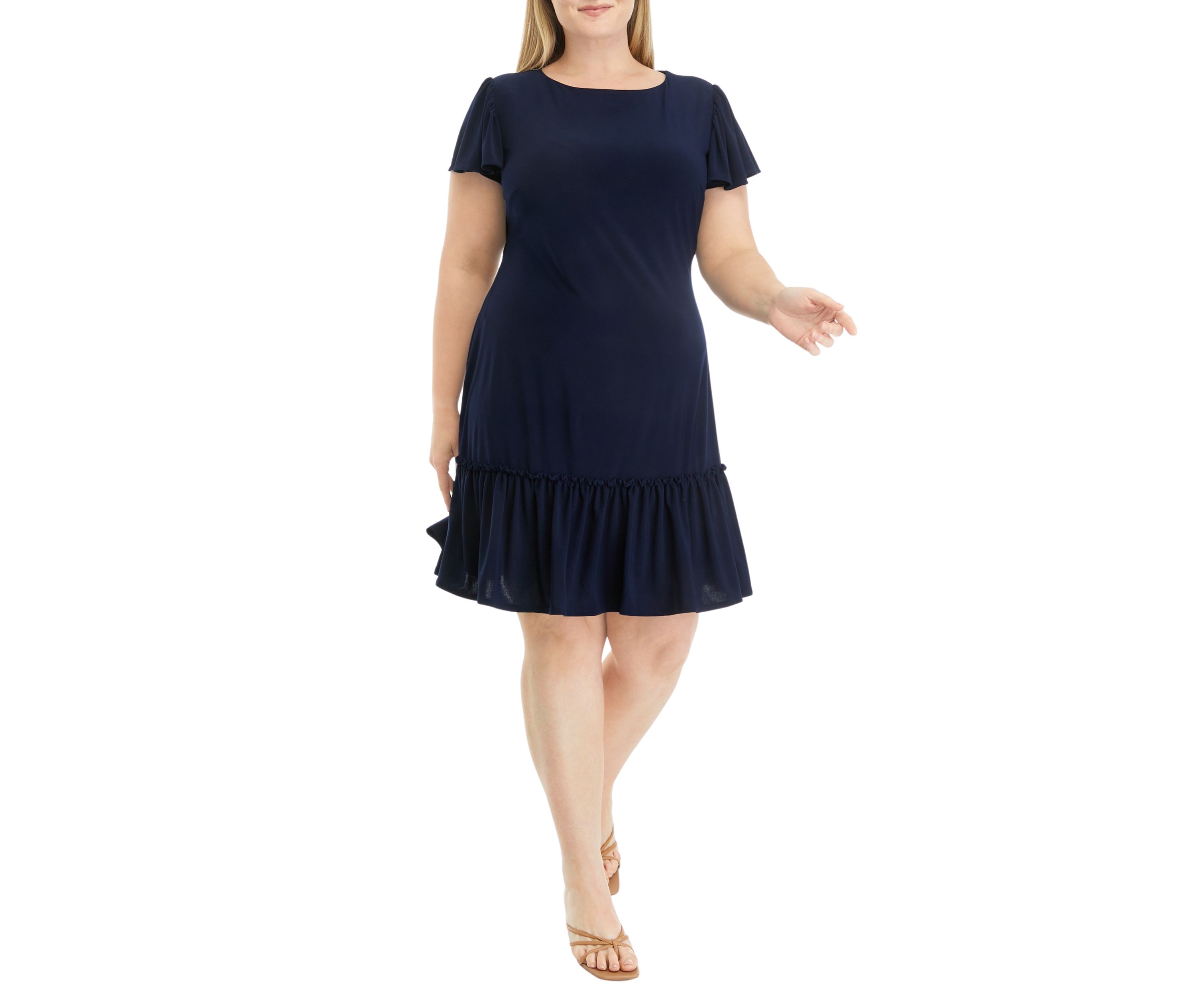 Plus Size Frill Short Sleeve Solid A-Line Dress