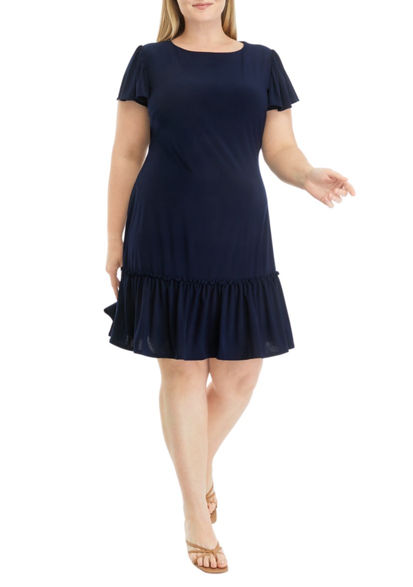 Plus Size Frill Short Sleeve Solid A-Line Dress