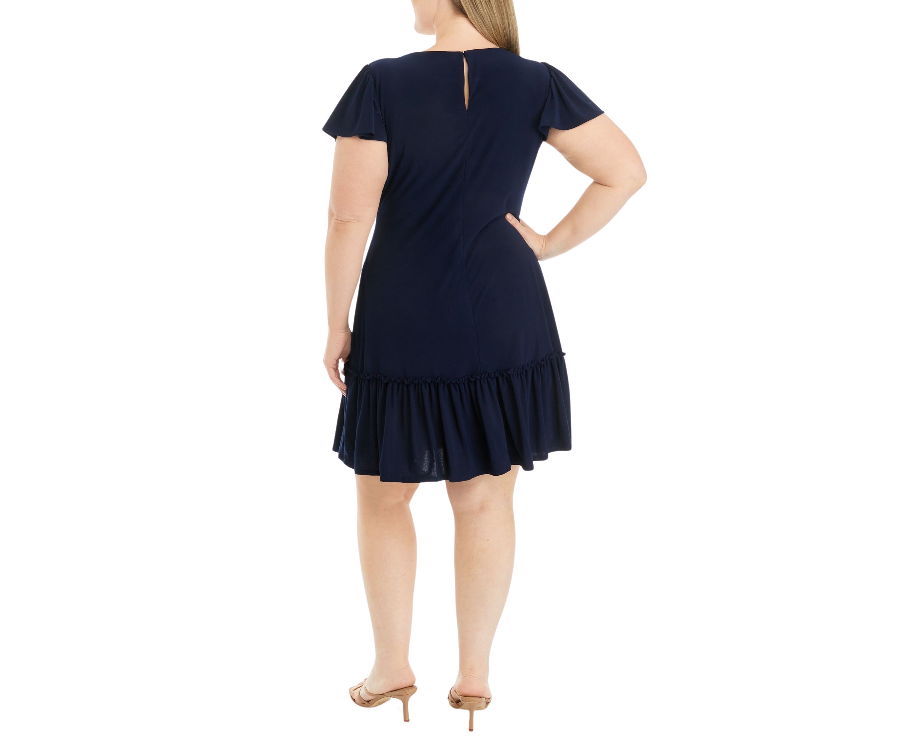 Plus Size Frill Short Sleeve Solid A-Line Dress