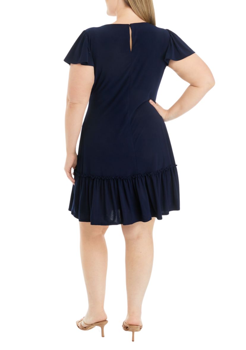 Plus Size Frill Short Sleeve Solid A-Line Dress