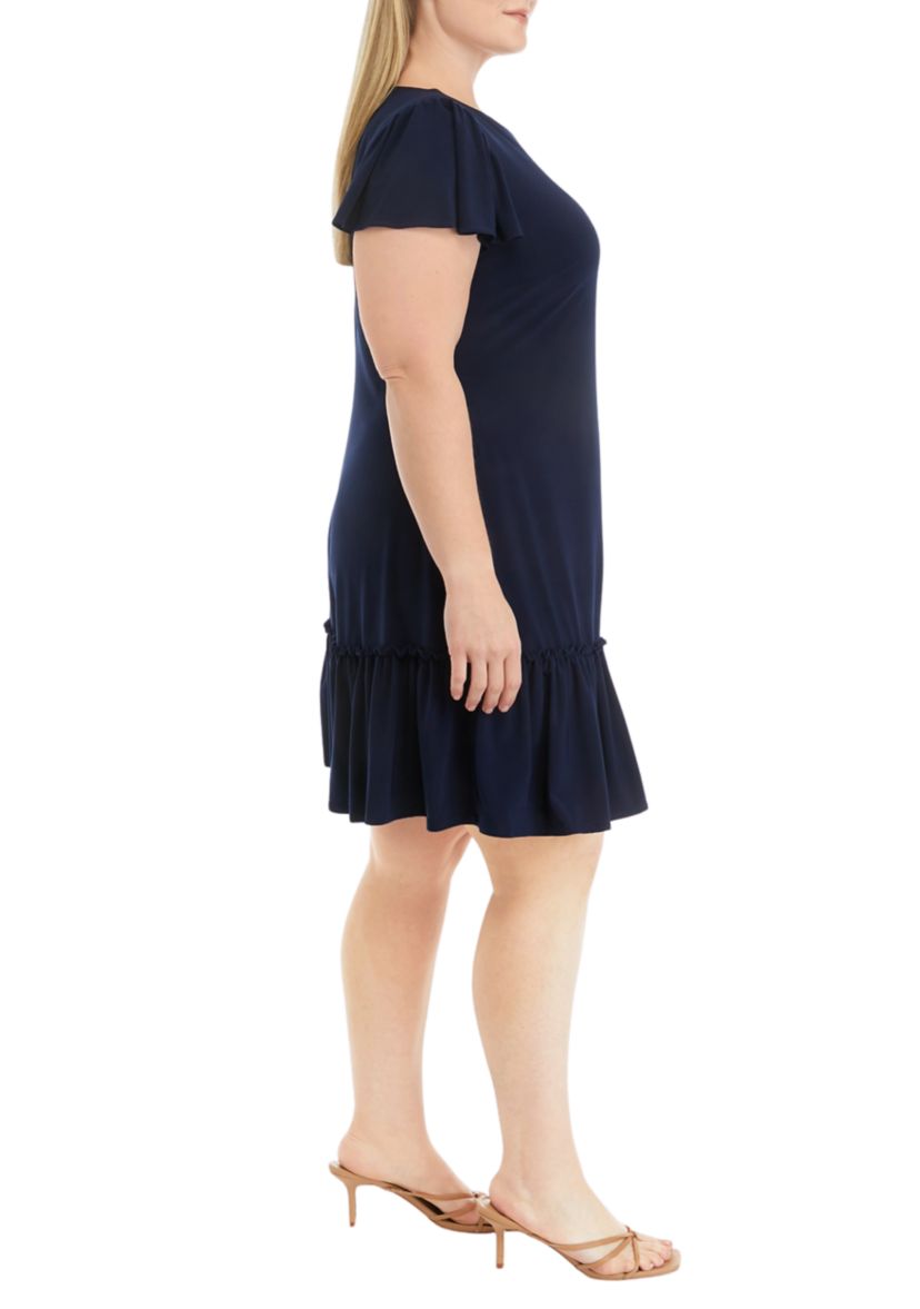 Plus Size Frill Short Sleeve Solid A-Line Dress