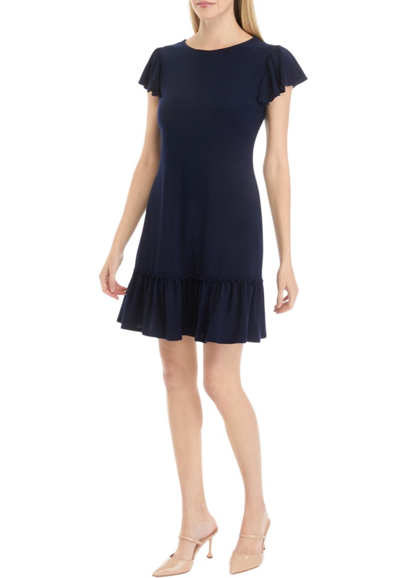 Julian Taylor Women's Frill Short Sleeve Round Neck Solid A-Line Dress