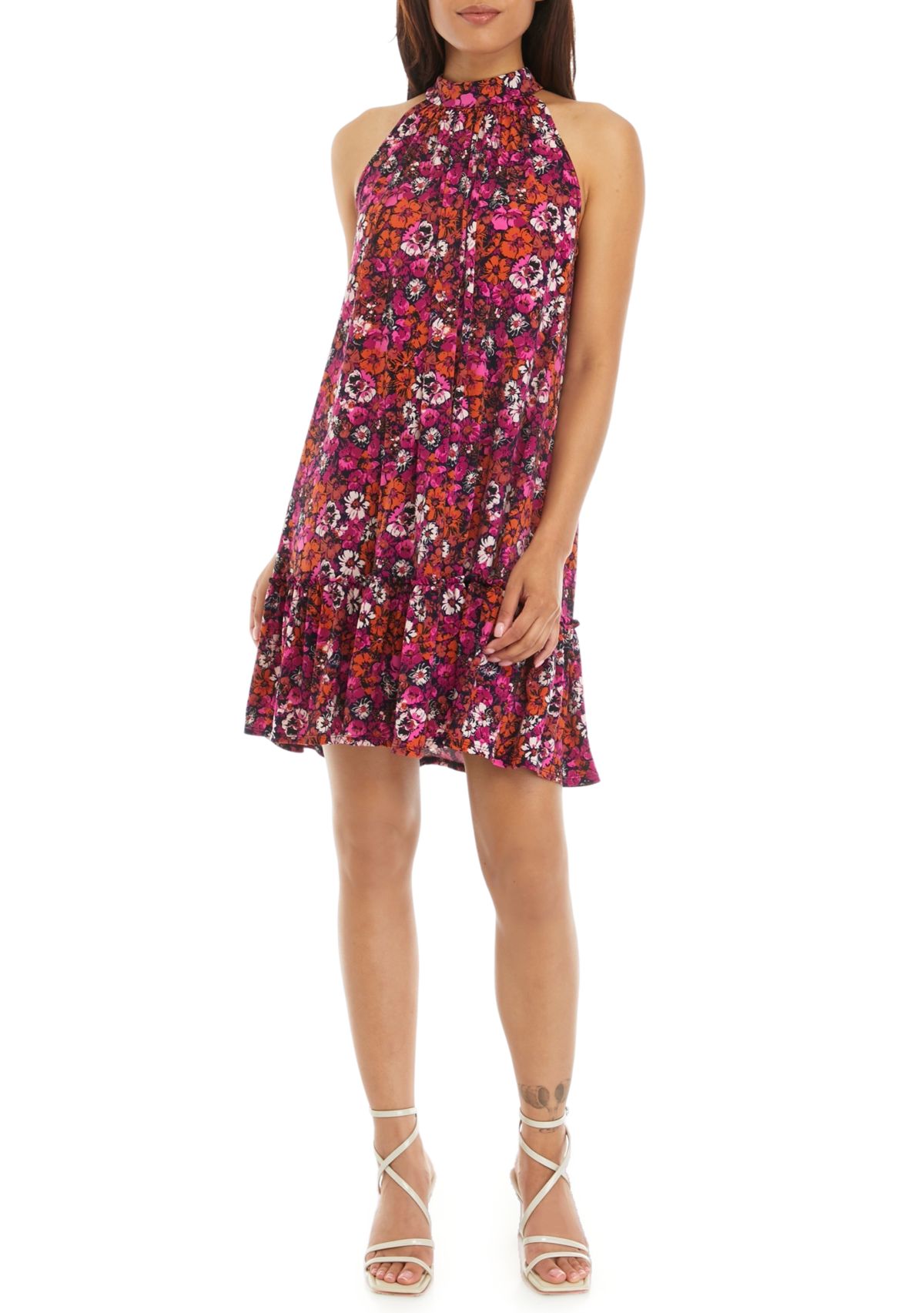 Womens Sleeveless Halter Neck Printed A-Line Dress