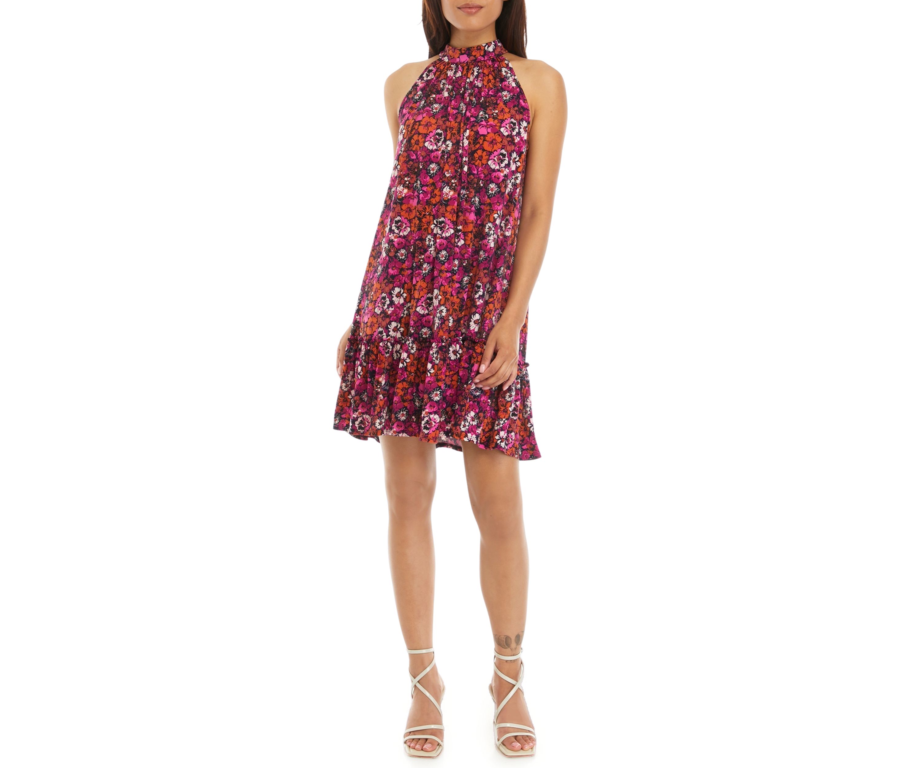 Womens Sleeveless Halter Neck Printed A-Line Dress