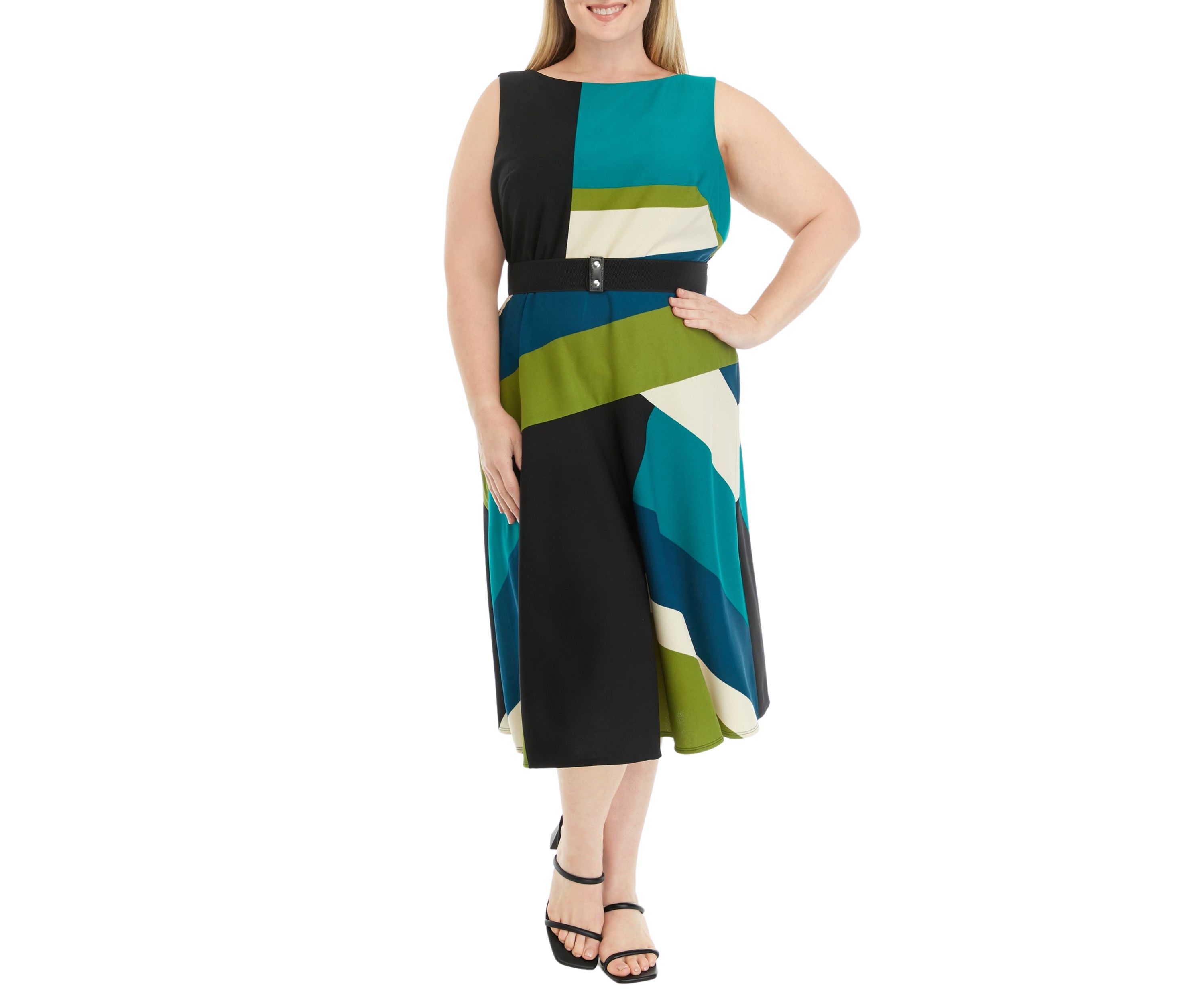 Plus Size Sleeveless Printed Belted Fit and Flare Dress