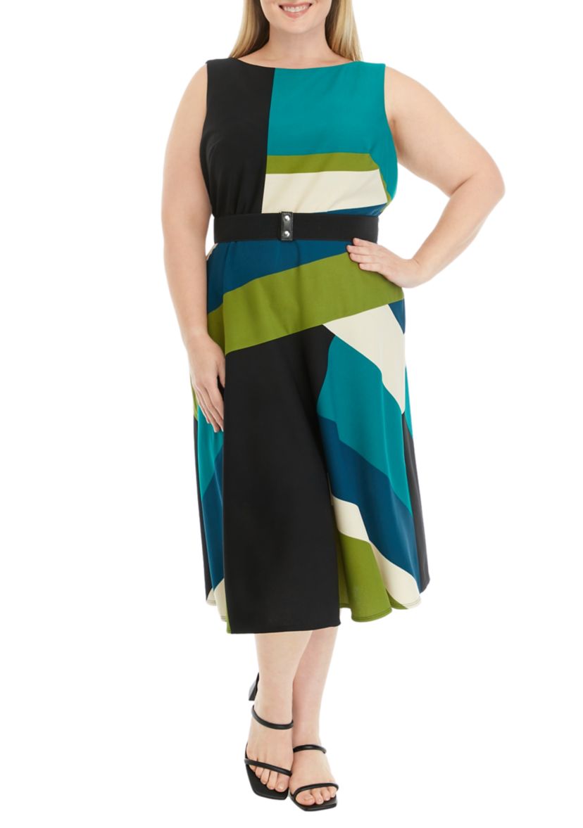 Plus Size Sleeveless Printed Belted Fit and Flare Dress