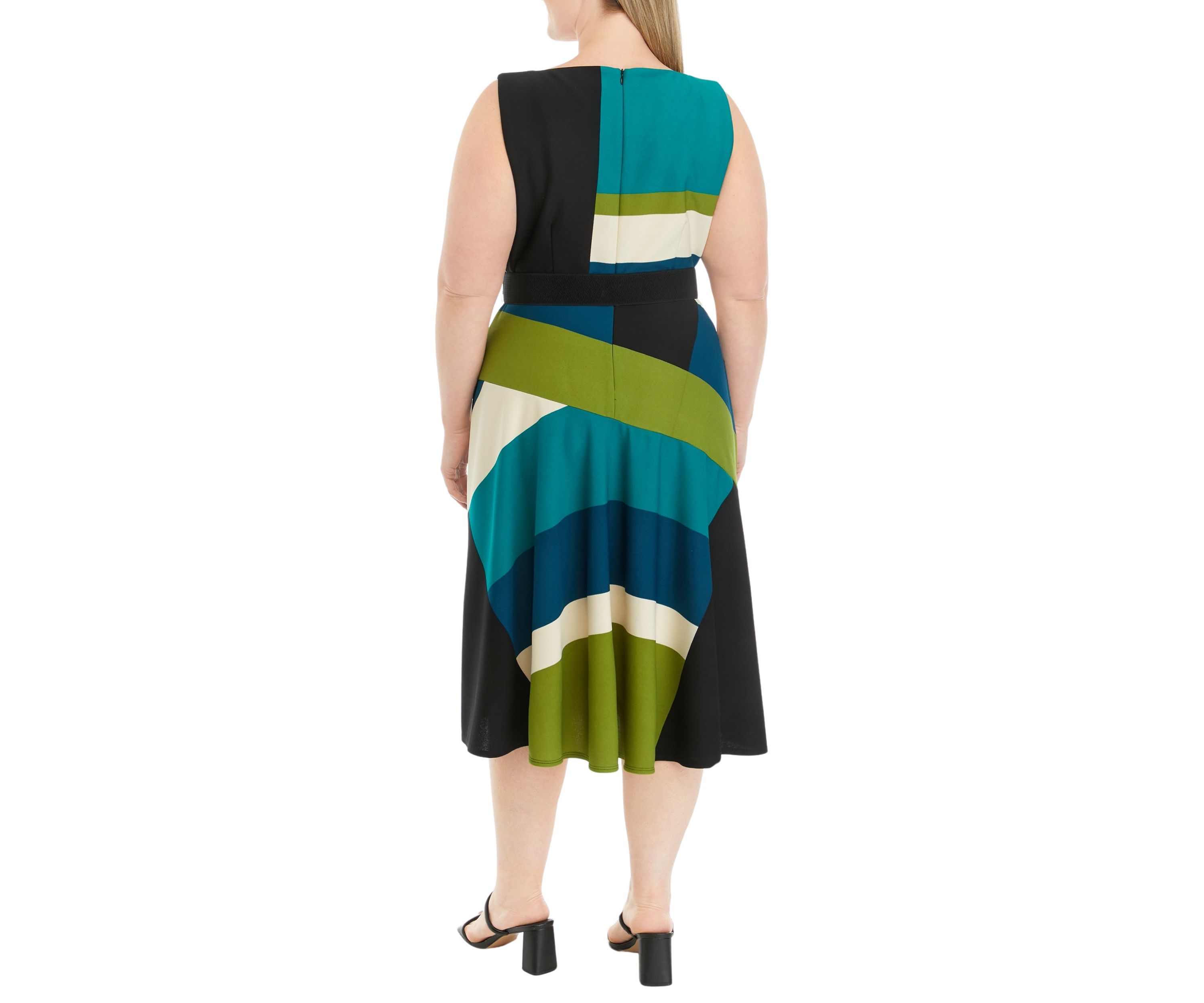 Plus Size Sleeveless Printed Belted Fit and Flare Dress