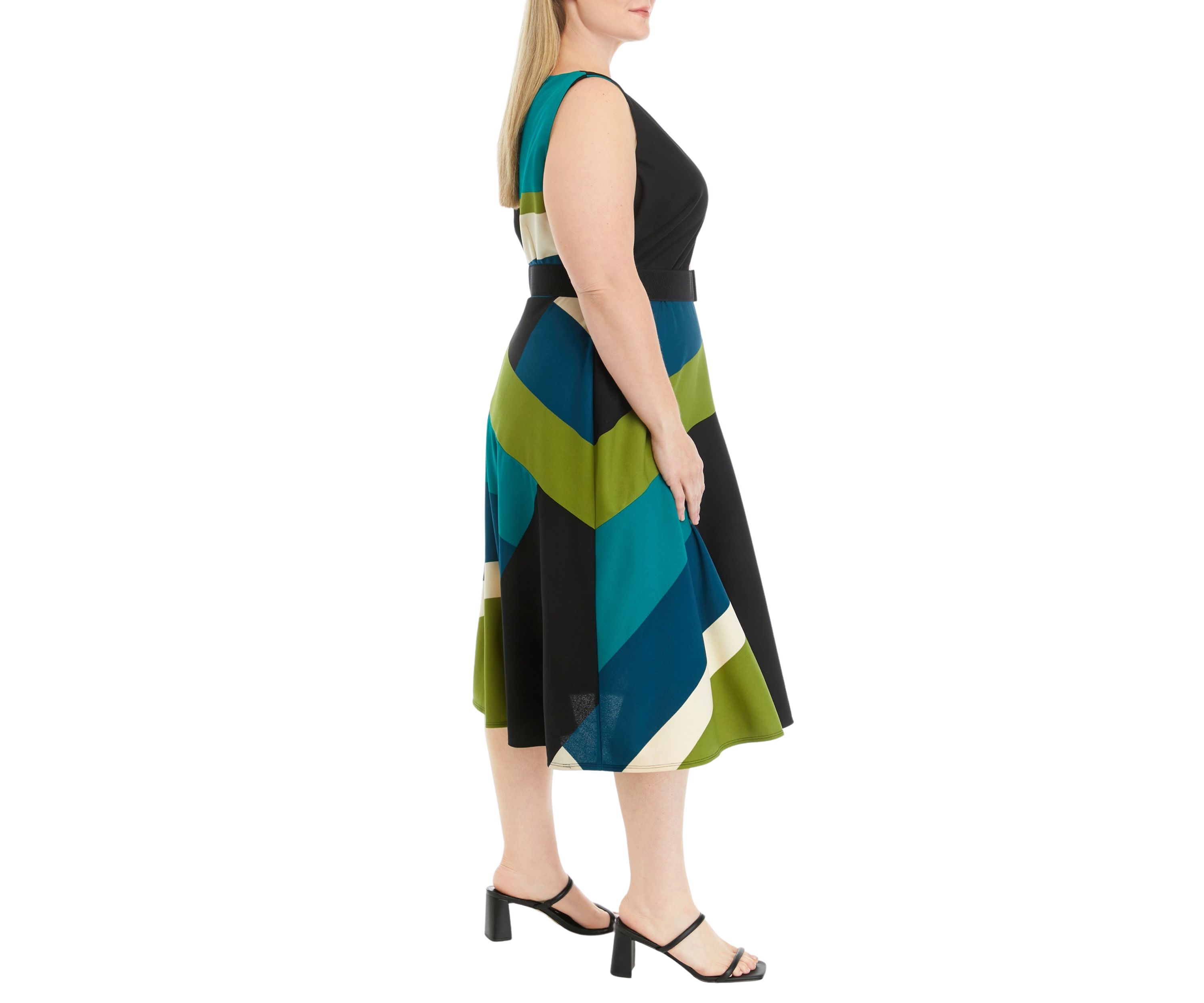 Plus Size Sleeveless Printed Belted Fit and Flare Dress