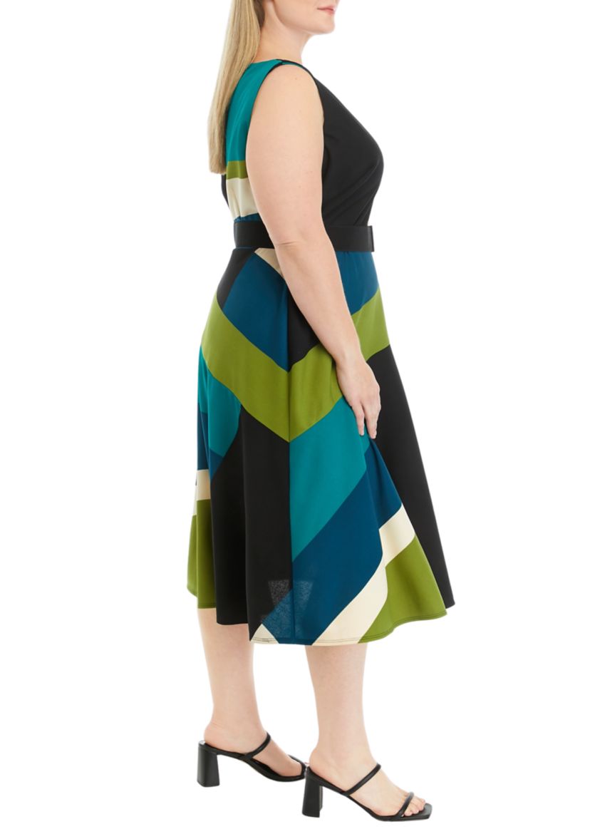 Plus Size Sleeveless Printed Belted Fit and Flare Dress