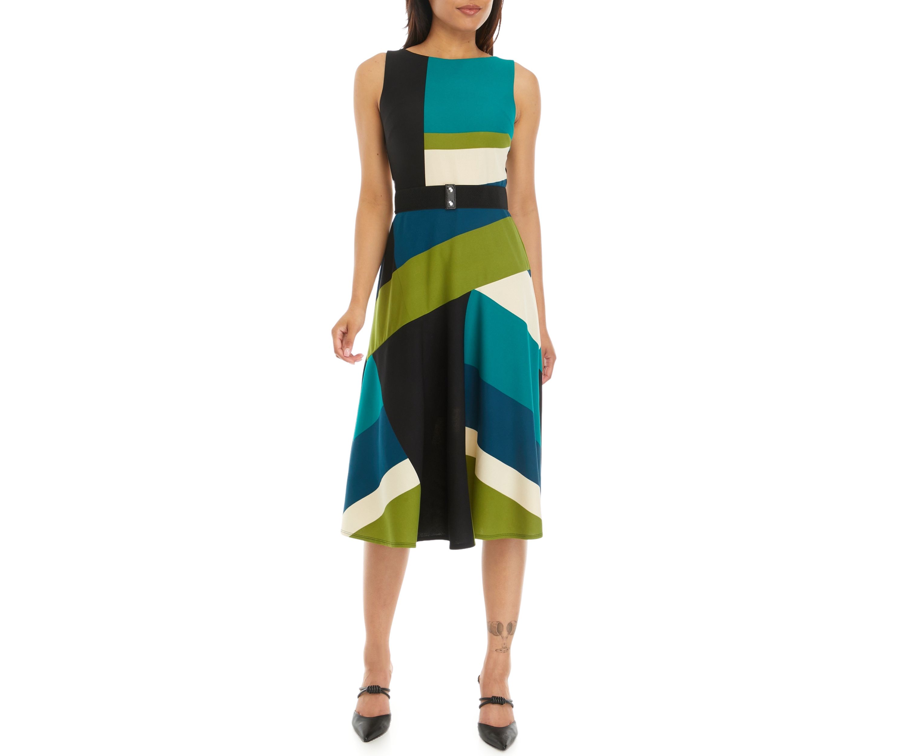 Womens Sleeveless Belted Crepe Color Block Fit and Flare Dress